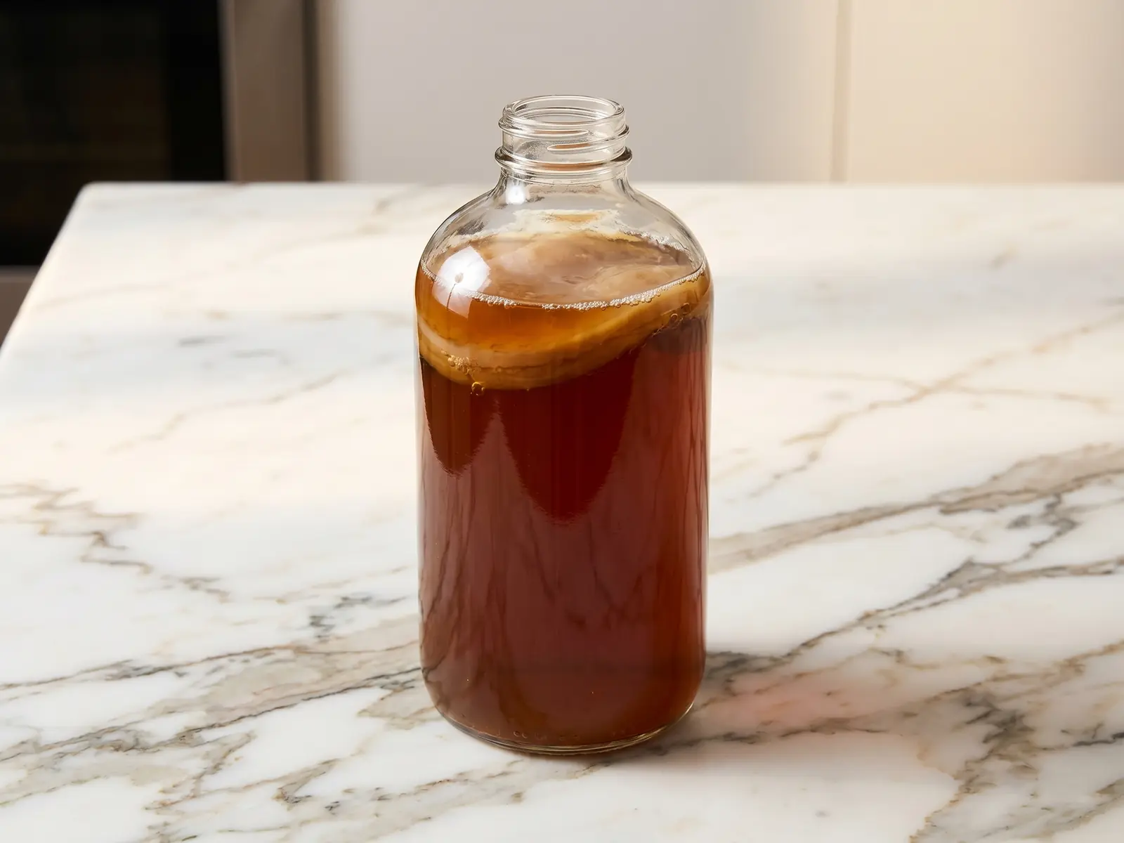 woher kommt kombucha Einzelne bernsteinfarbene Kombucha-Flasche auf weißem Marmor mit feinen Bläschen im Getränk