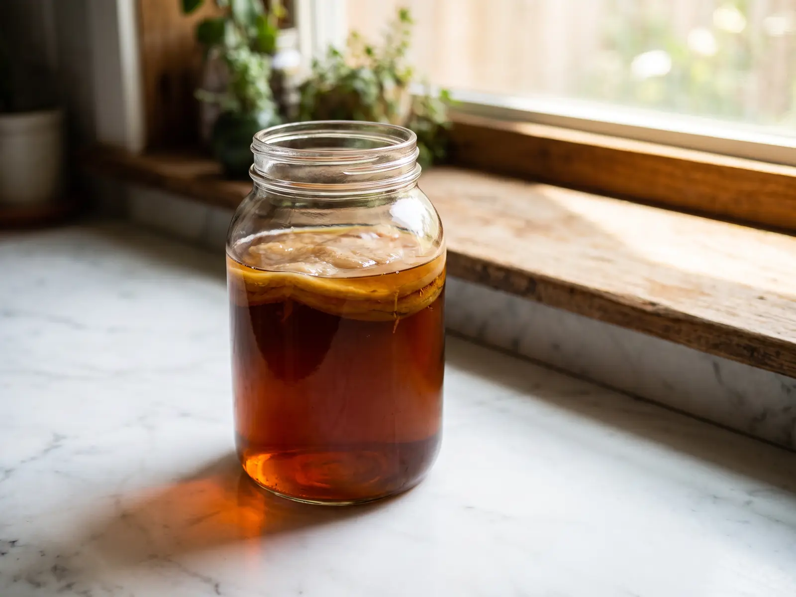 kombucha oder kefir Glas mit Kombucha-SCOBY am Fenster, bernsteinfarbener Tee spiegelt sich auf hellem Marmor.