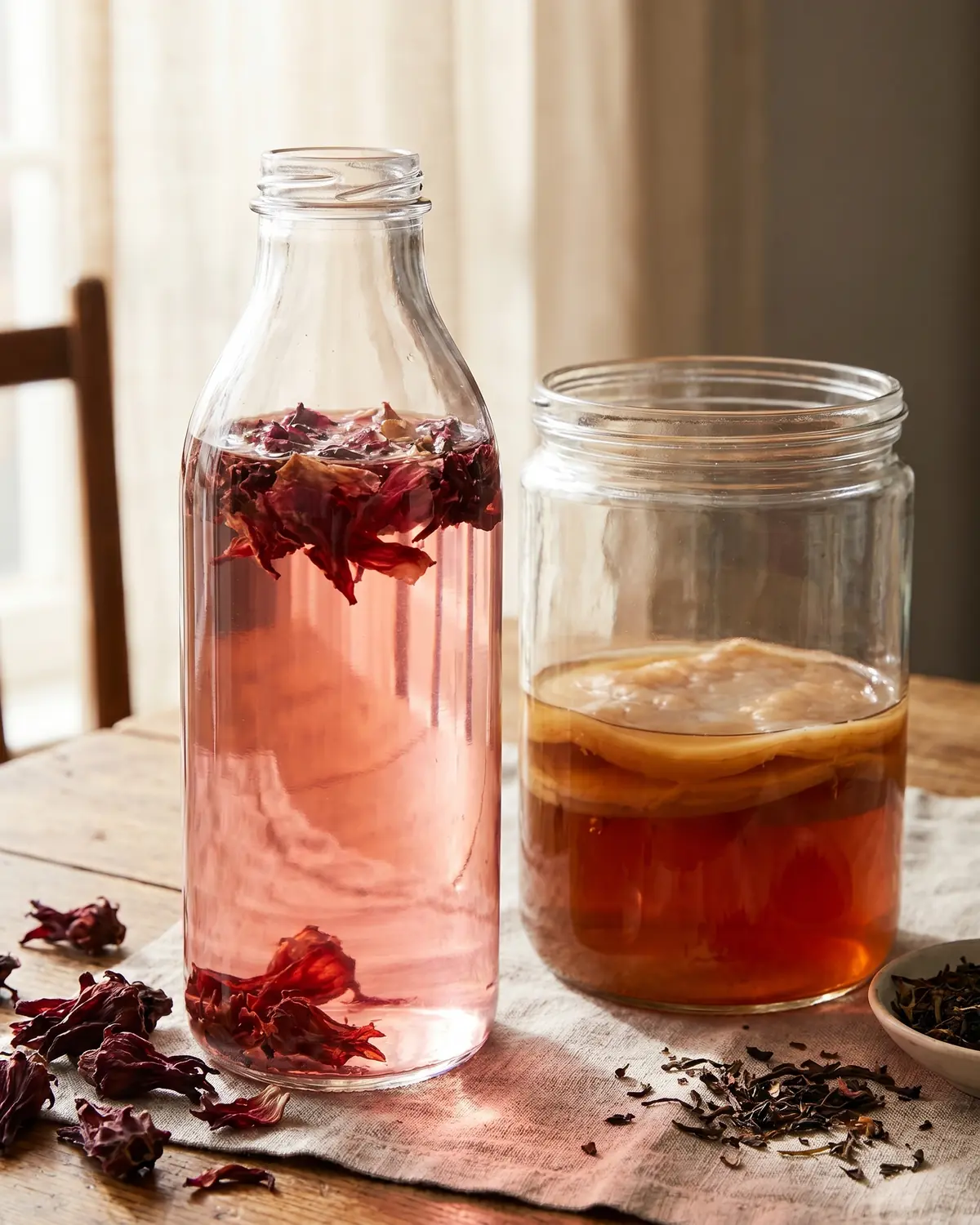 kombucha gewichtszunahme Etikettlose Flasche mit rosafarbenem Hibiskus-Kombucha, durchleuchtet von natürlichem Licht im Glas.