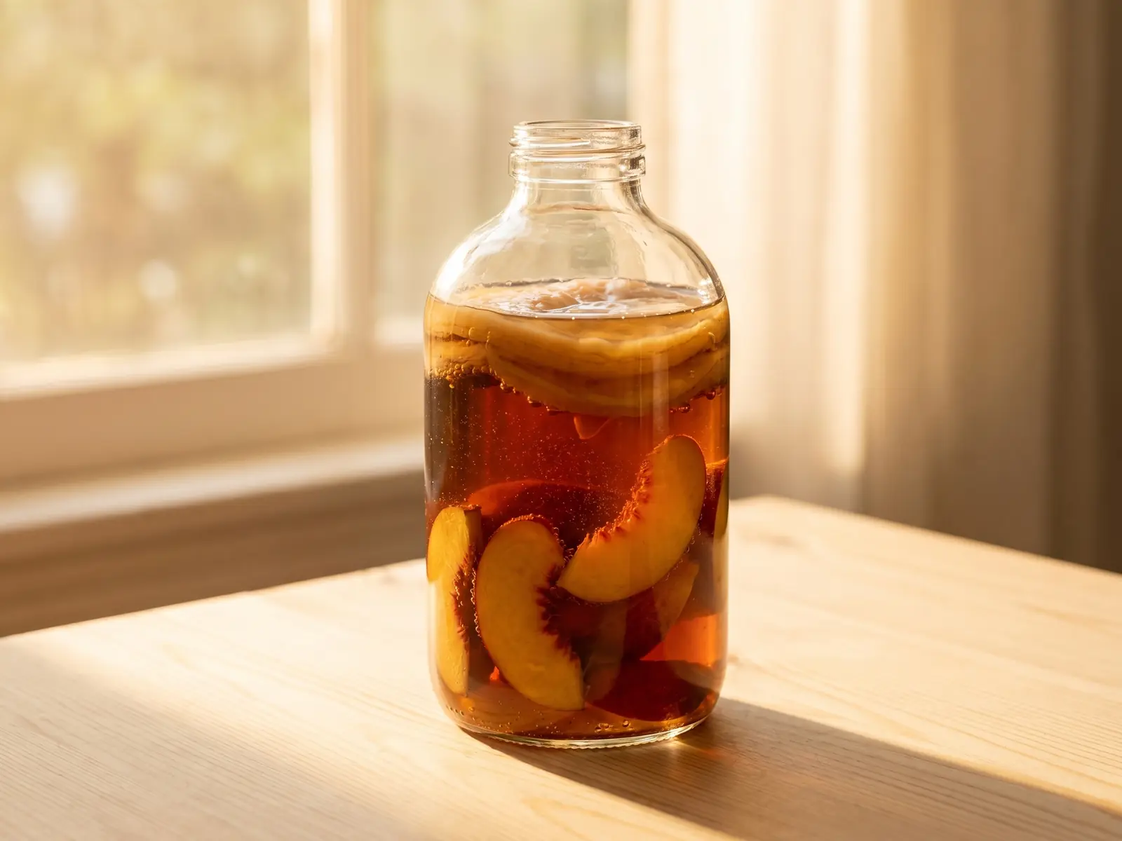 Kombucha mit Pfirsich in einer transparenten Flasche auf hellem Holz bei sommerlichem Gegenlicht.