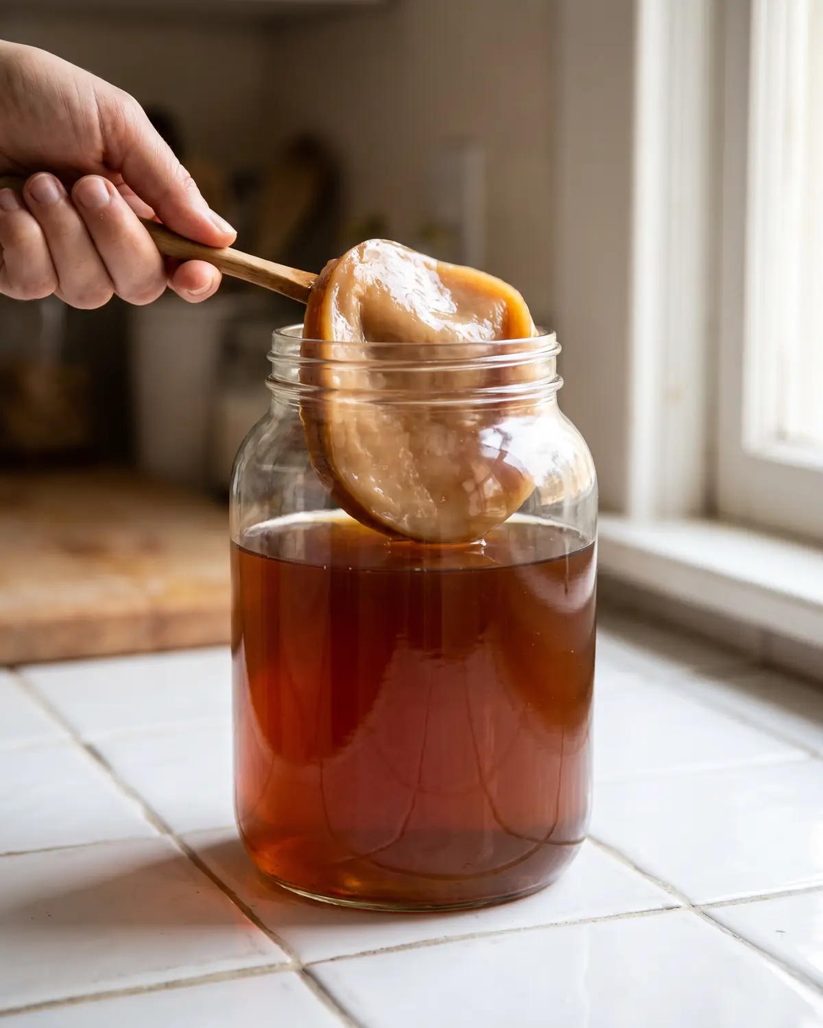 Glasboden eines Kombucha-Gl&auml;ser verzerrt ein wei&szlig;es Fliesenraster, dar&uuml;ber liegt ein heller SCOBY.