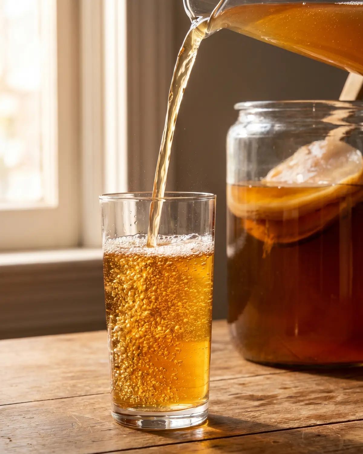Fertiger Kombucha flie&szlig;t mit kleinen Bl&auml;schen in ein hohes Glas auf hellem Holzuntergrund.