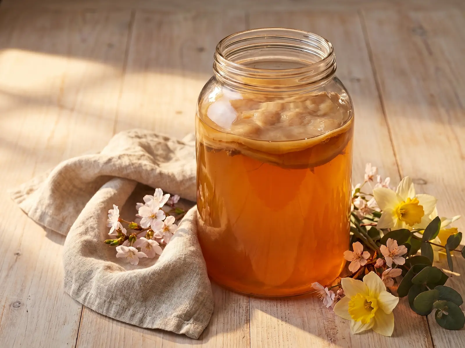 kombucha Glas mit bernsteinfarbenem Kombucha neben Frühlingsblumen, Leinenstoff und warmem Seitenlicht
