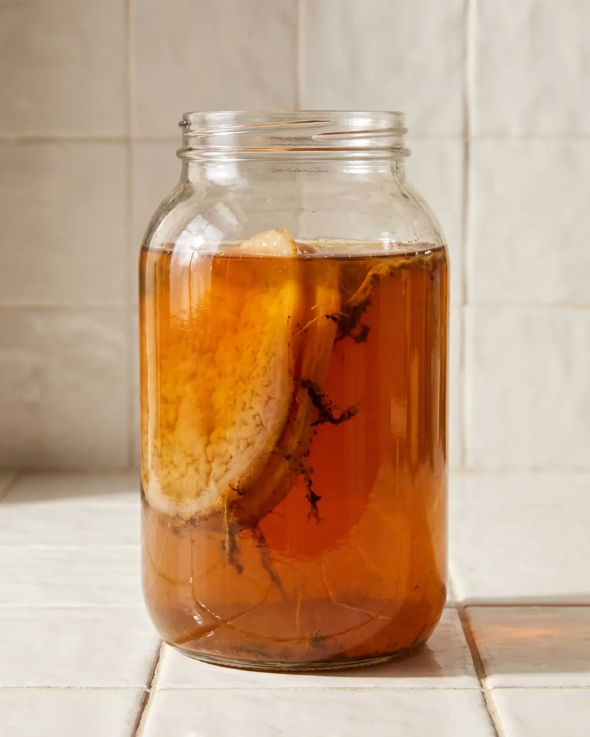 kombucha aufbewahren Ein Kombucha-Glas auf weißen Kacheln zeigt dunkle Hefefäden und einen sichtbaren SCOBY im Ansatz.