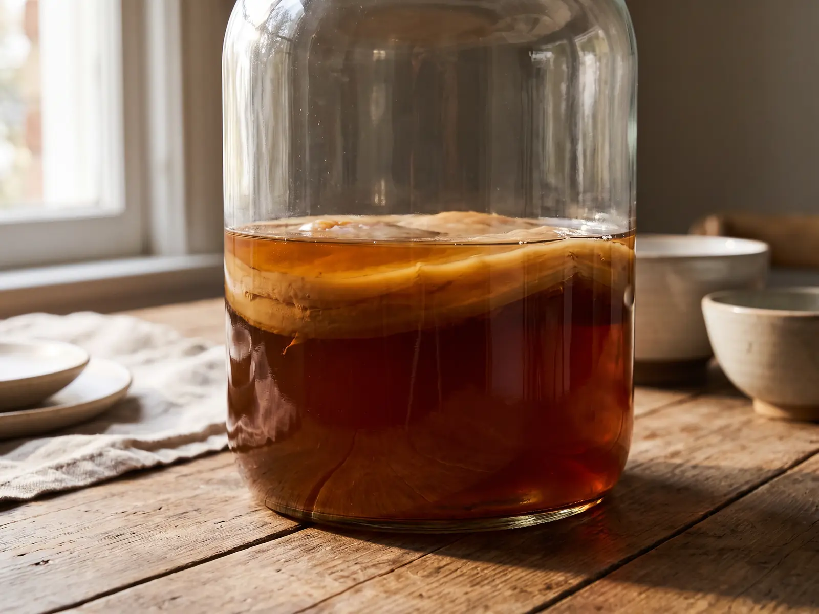 kombucha tee Glas mit bernsteinfarbenem Kombucha-Tee und beige-braunem SCOBY auf dem Boden des Ansatzes