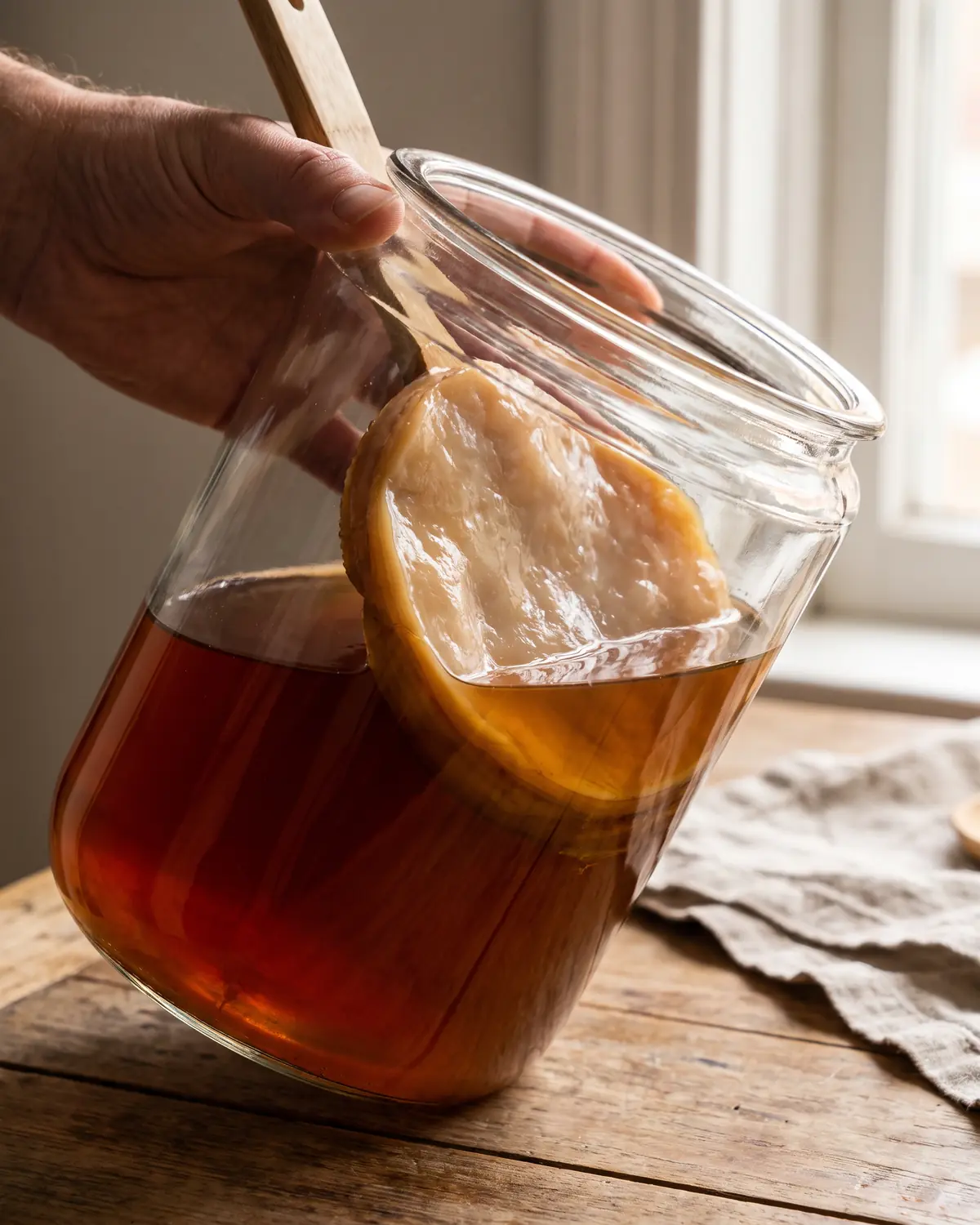 Eine Hand neigt ein Glas mit Kombucha leicht, w&auml;hrend der SCOBY an der gebogenen Glaswand sichtbar bleibt