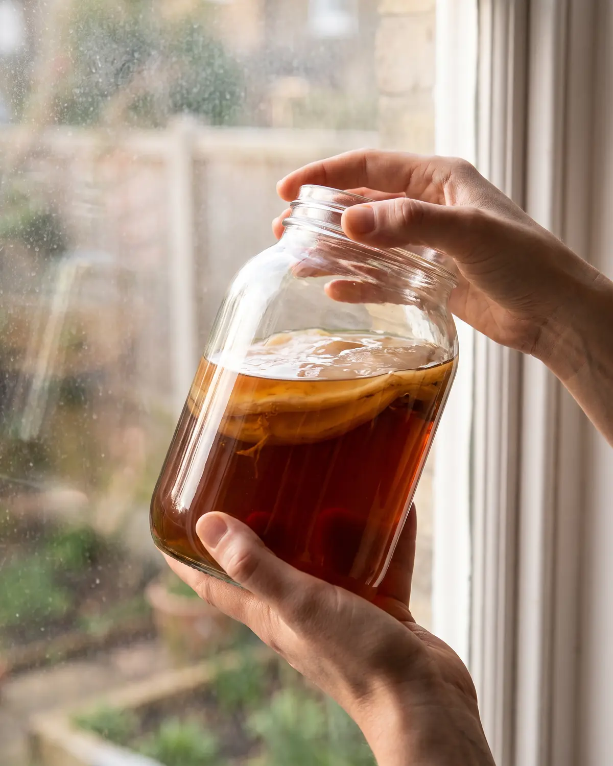 Zwei H&auml;nde halten ein Kombucha-Glas am Fenster, um Klarheit und schwebenden SCOBY zu pr&uuml;fen.