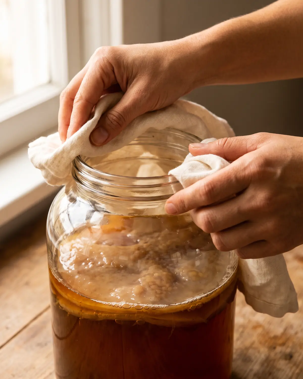 Zwei H&auml;nde reinigen den Glasrand eines Kombucha-Ansatzes, w&auml;hrend der SCOBY unter dem Tee sichtbar ist.