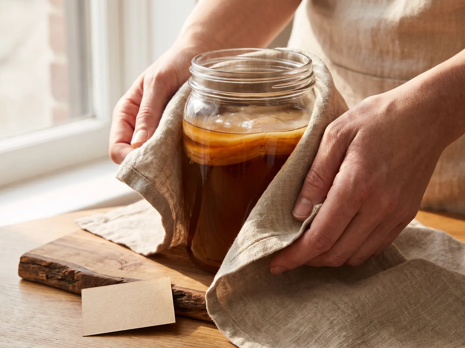Zwei H&auml;nde halten ein Glas mit beige-braunem SCOBY auf Leinen, Nussbaumholz und leerem Kraftetikett.
