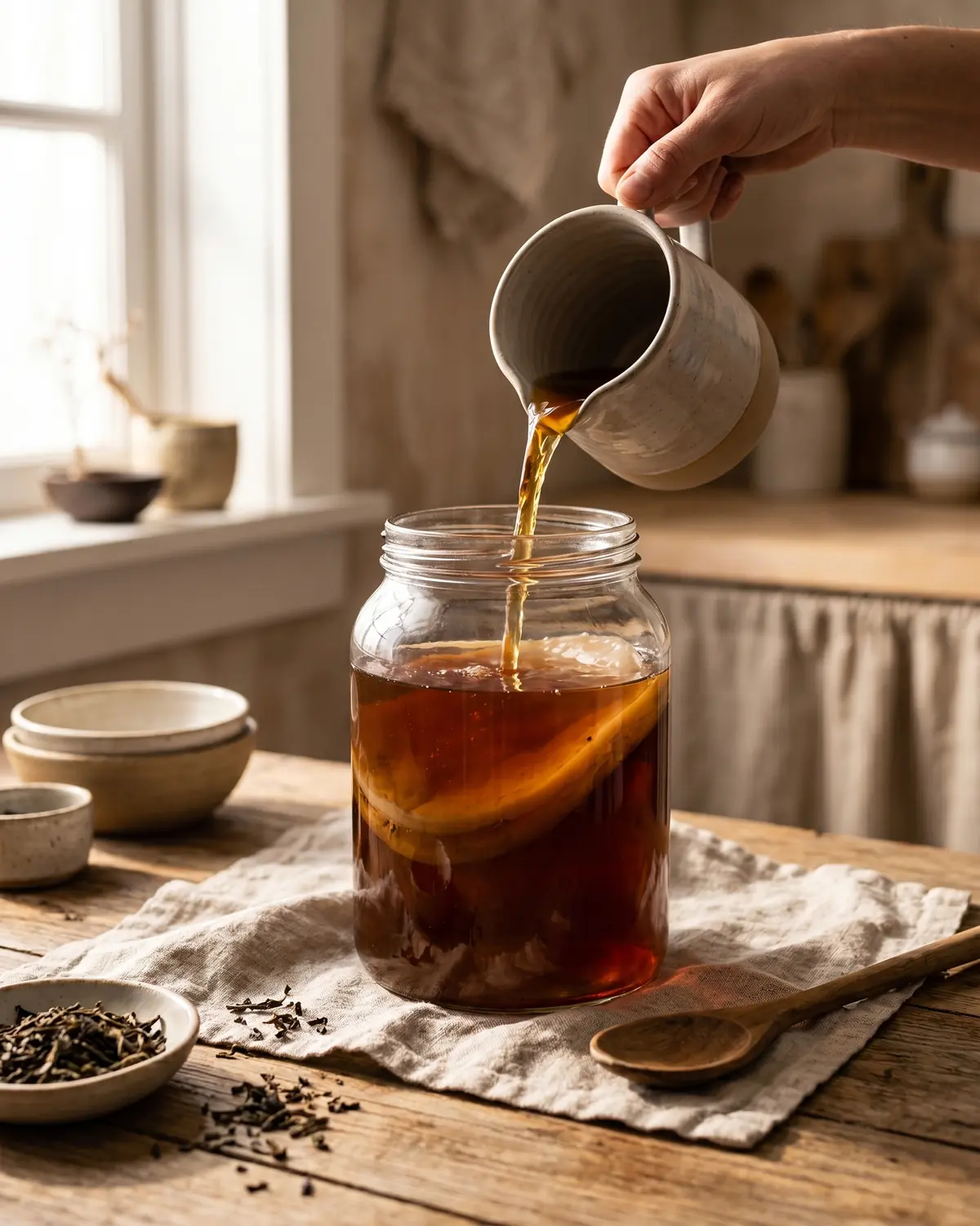 herstellung von kombucha Eine Hand gießt abgekühlten Tee in ein Glas mit Ansatzflüssigkeit und beige liegendem SCOBY.
