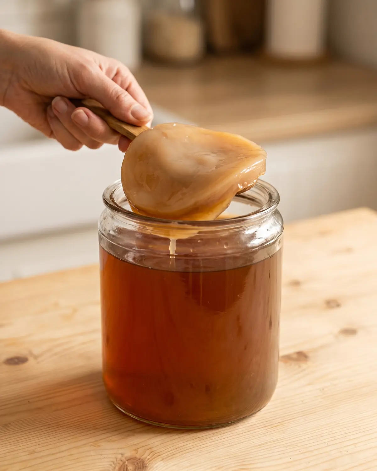 kombucha Hand hebt einen hellen SCOBY mit einem Holzlöffel aus einem Glas mit fermentiertem Tee