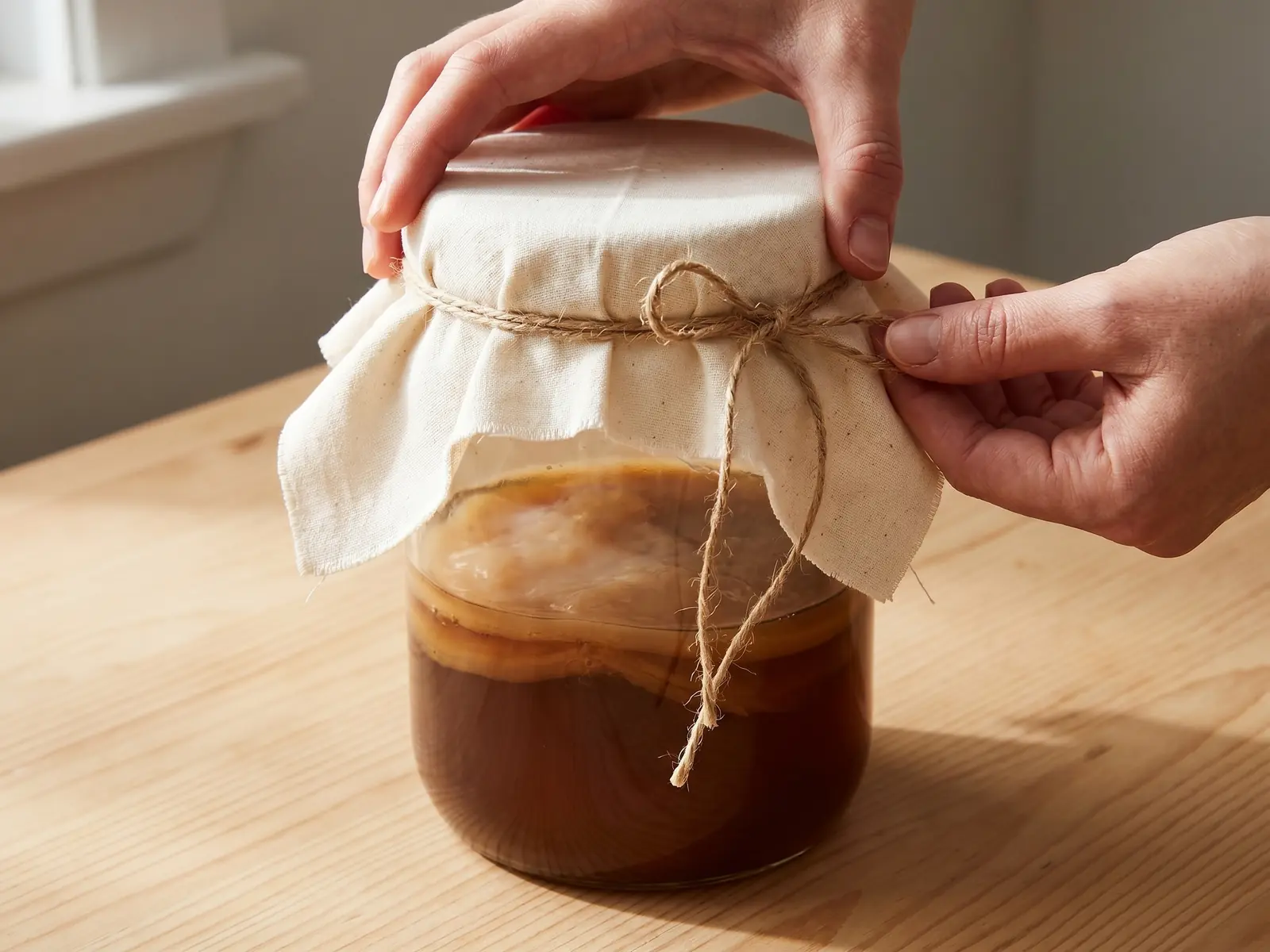 kombucha stillzeit Eine Hand bindet ein Baumwolltuch über ein Kombucha-Glas mit SCOBY auf hellem Holztisch.