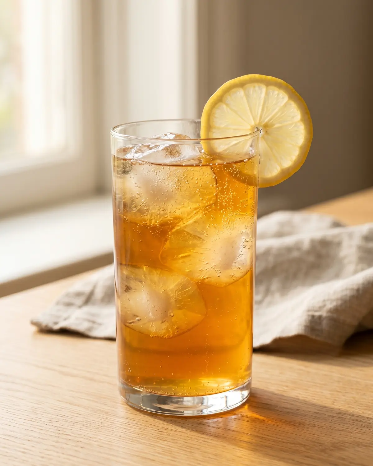 Hohes Glas mit gek&uuml;hltem Kombucha, Eisw&uuml;rfeln und Zitronenscheibe als erfrischendes fermentiertes Getr&auml;nk