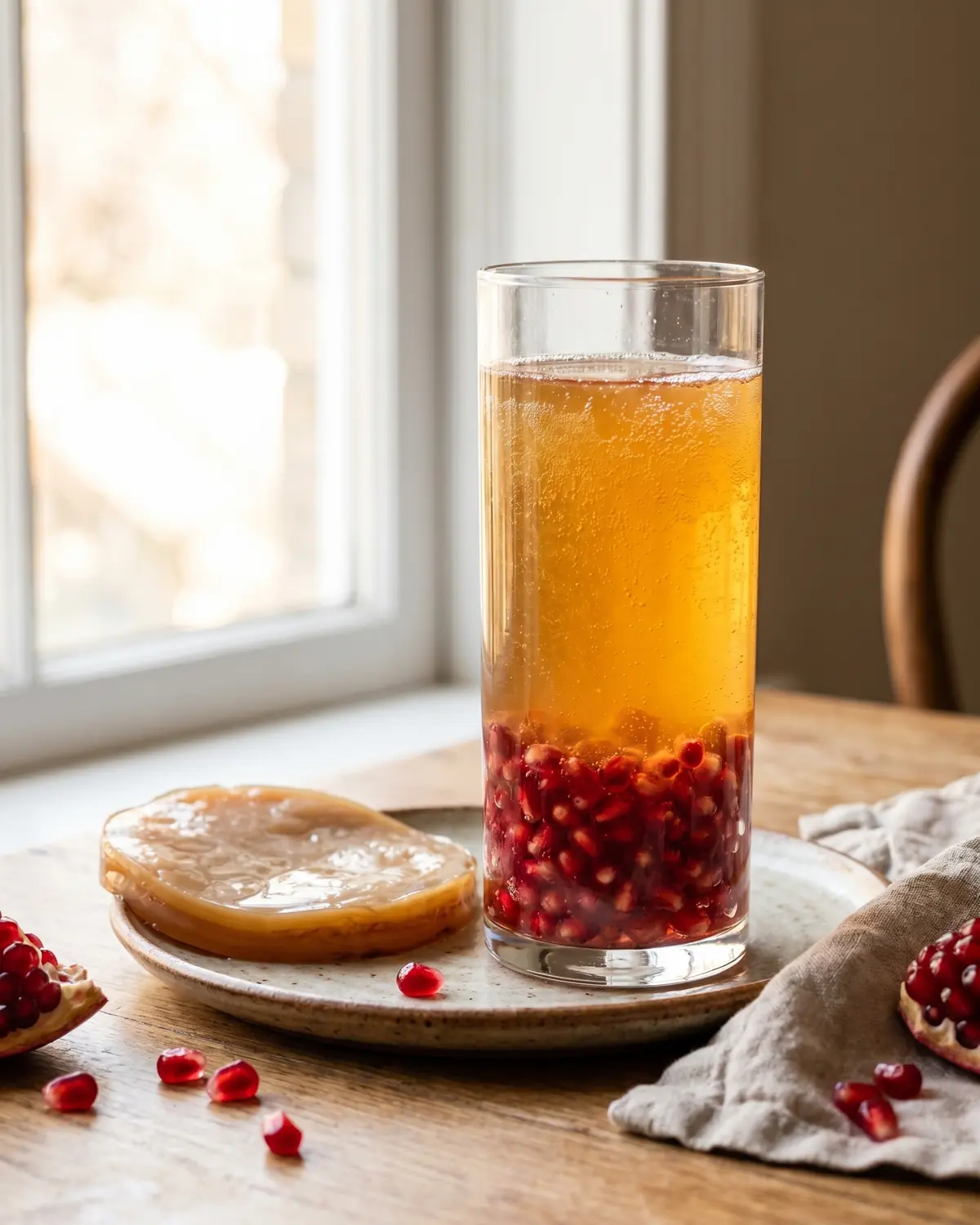 kombucha herkunft Hohes Glas Kombucha mit Granatapfel und Samen am Boden im weichen Licht eines Fensters.