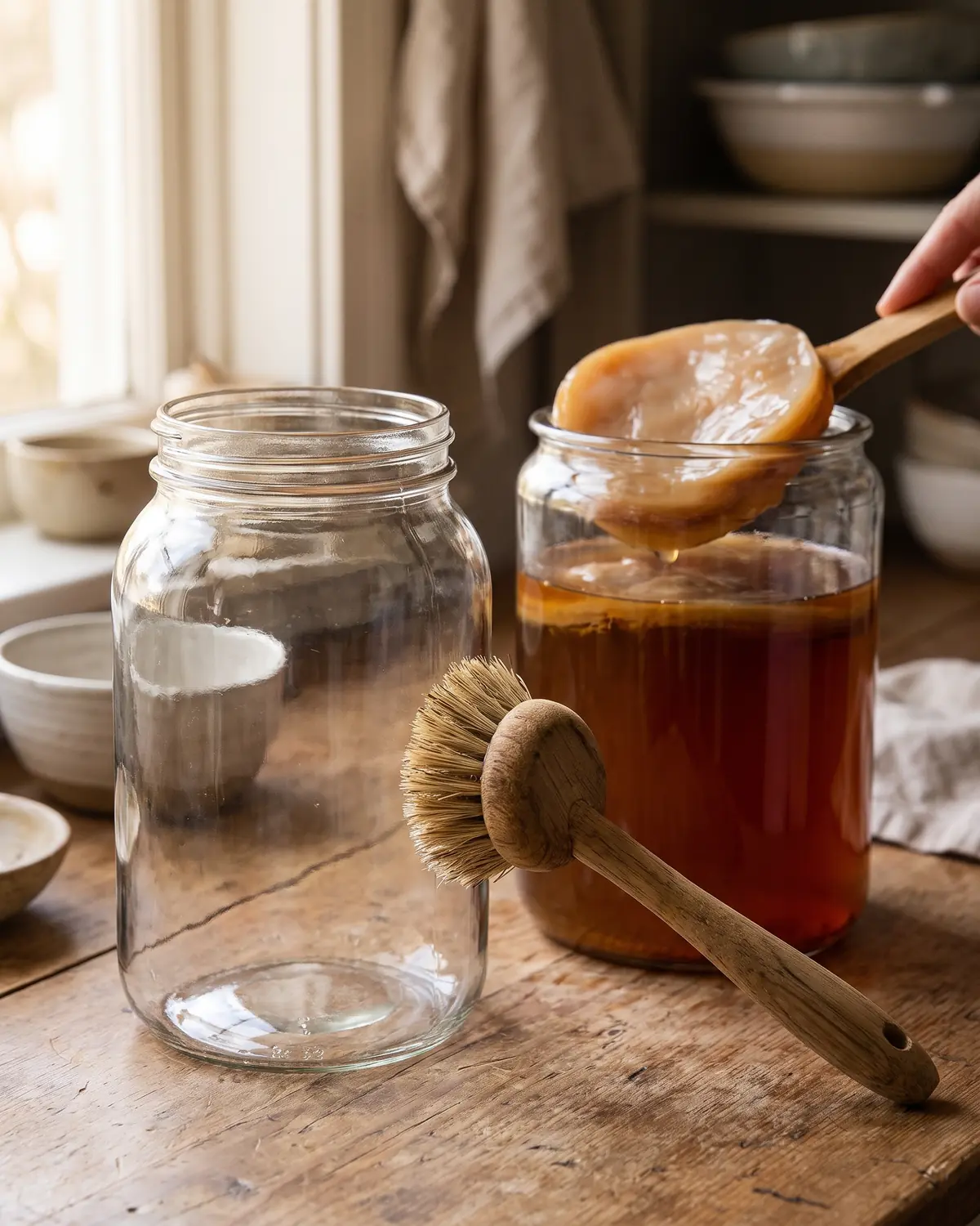 kombucha kaufen edeka Holzbürste, leeres Glas und aktiver Kombucha-Ansatz mit SCOBY für die Pflege zu Hause.