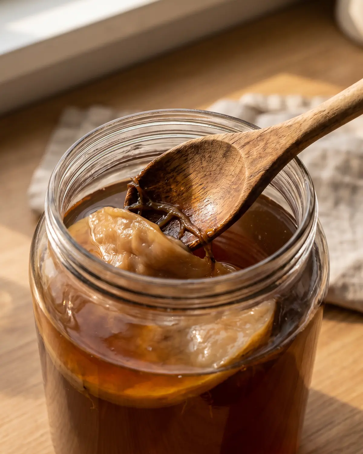 kombucha tee Holzlöffel hebt dunkle Hefefäden vom Glasrand, während der beige SCOBY im Kombucha liegt