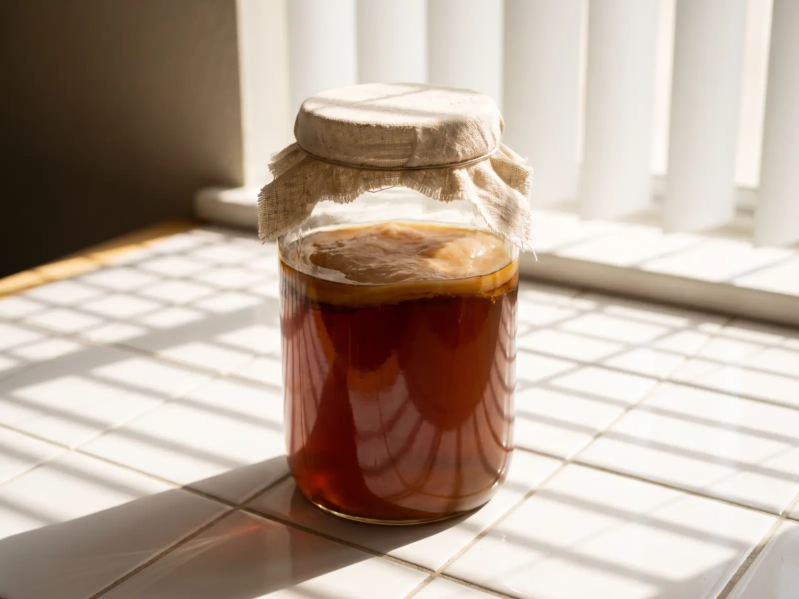 Glas mit bernsteinfarbenem Tee und SCOBY auf wei&szlig;en Fliesen, Lichtstreifen einer Jalousie und ein Leinentuch.