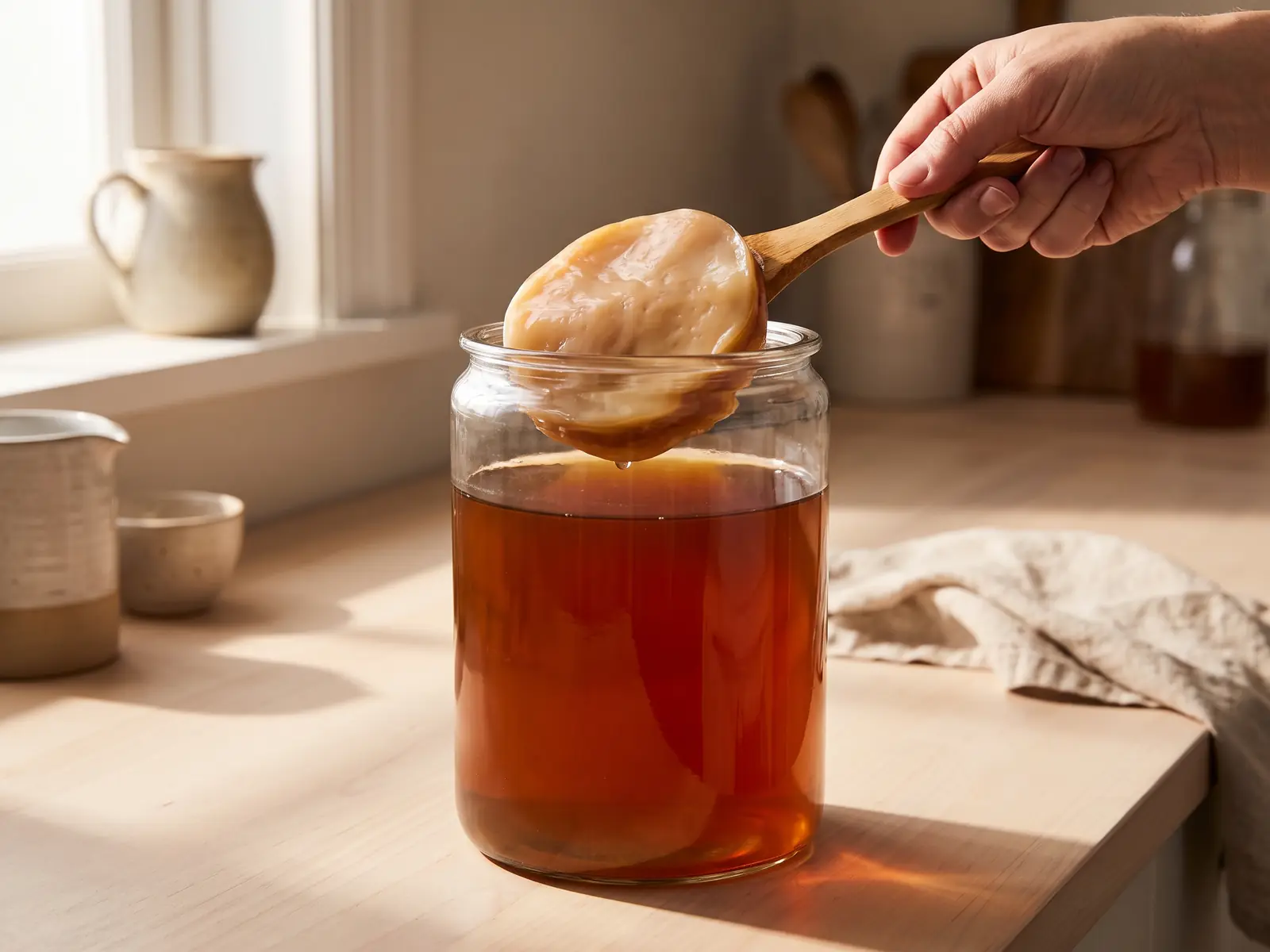 Kombucha-Glas mit beige-braunem SCOBY im warmen K&uuml;chenlicht auf hellem Holz mit langen Schatten.