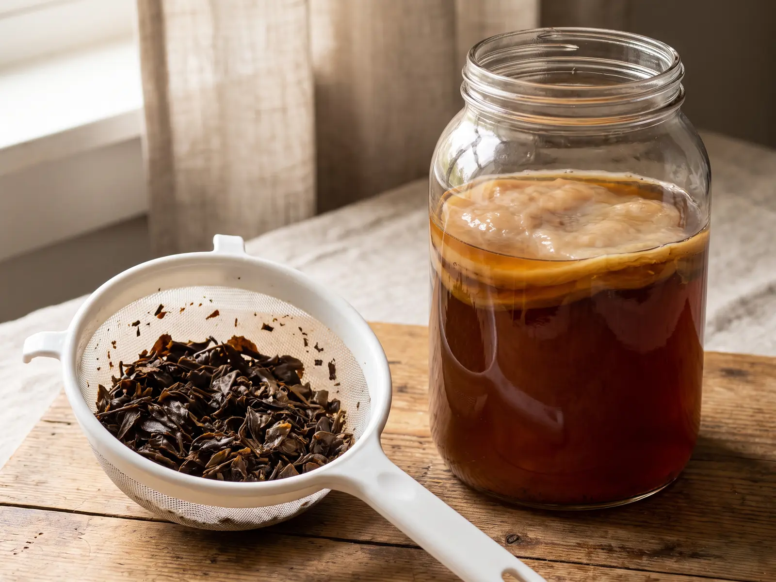 Wei&szlig;es Kunststoffsieb mit feuchten Teebl&auml;ttern neben einem Glas mit beige-braunem SCOBY.
