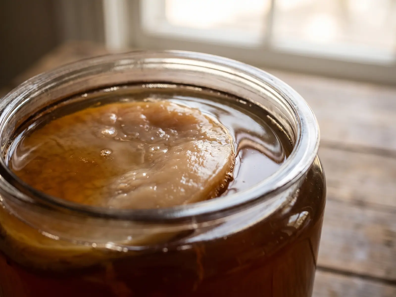 kombucha gewichtszunahme Glas mit bernsteinfarbenem Kombucha, in dem ein SCOBY unter der Oberfläche im weichen Fensterlicht schwimmt.