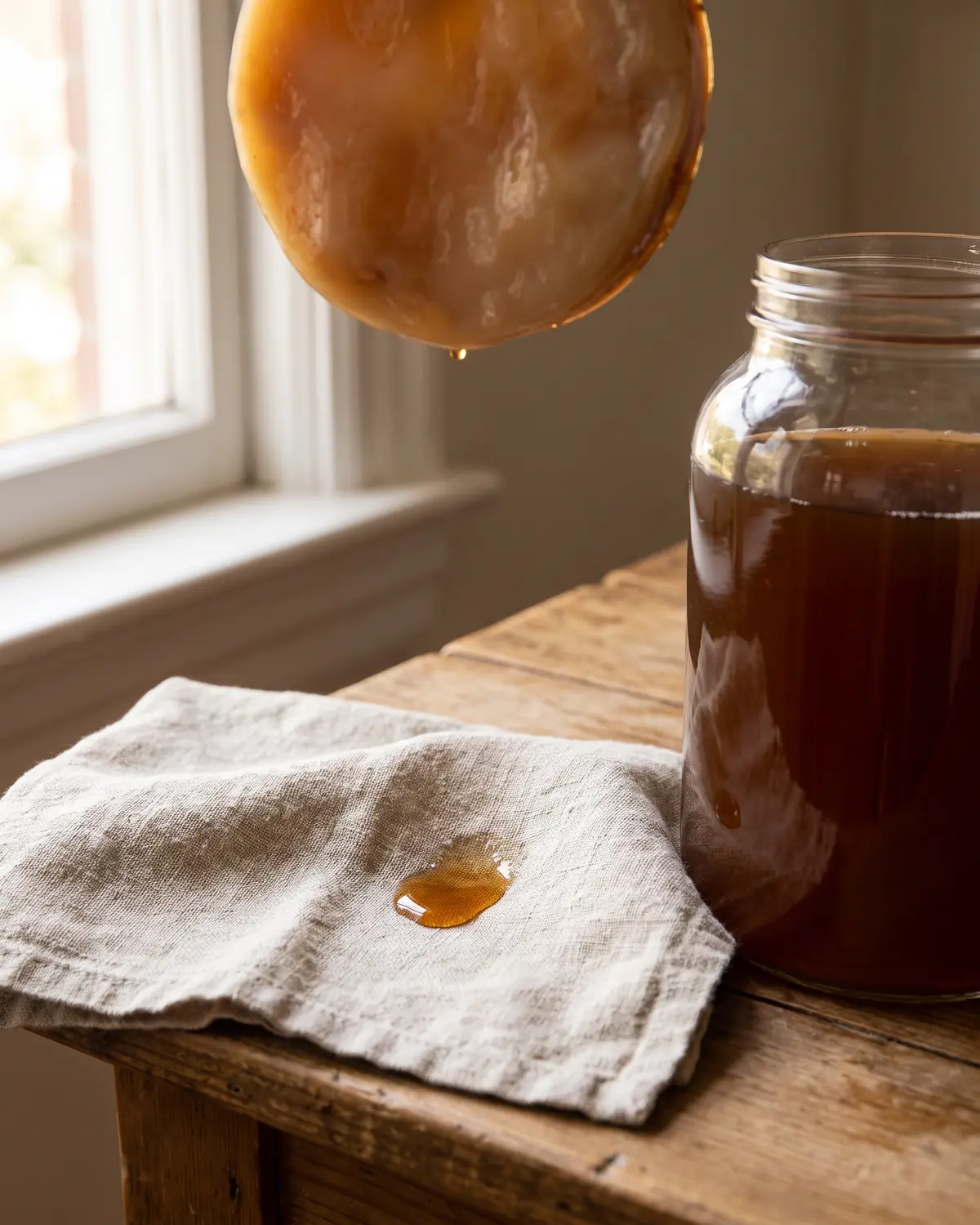 Ein Tropfen Ansatztee zieht in grobes Leinen ein, daneben steht ein Kombucha-Glas mit unscharfem SCOBY.