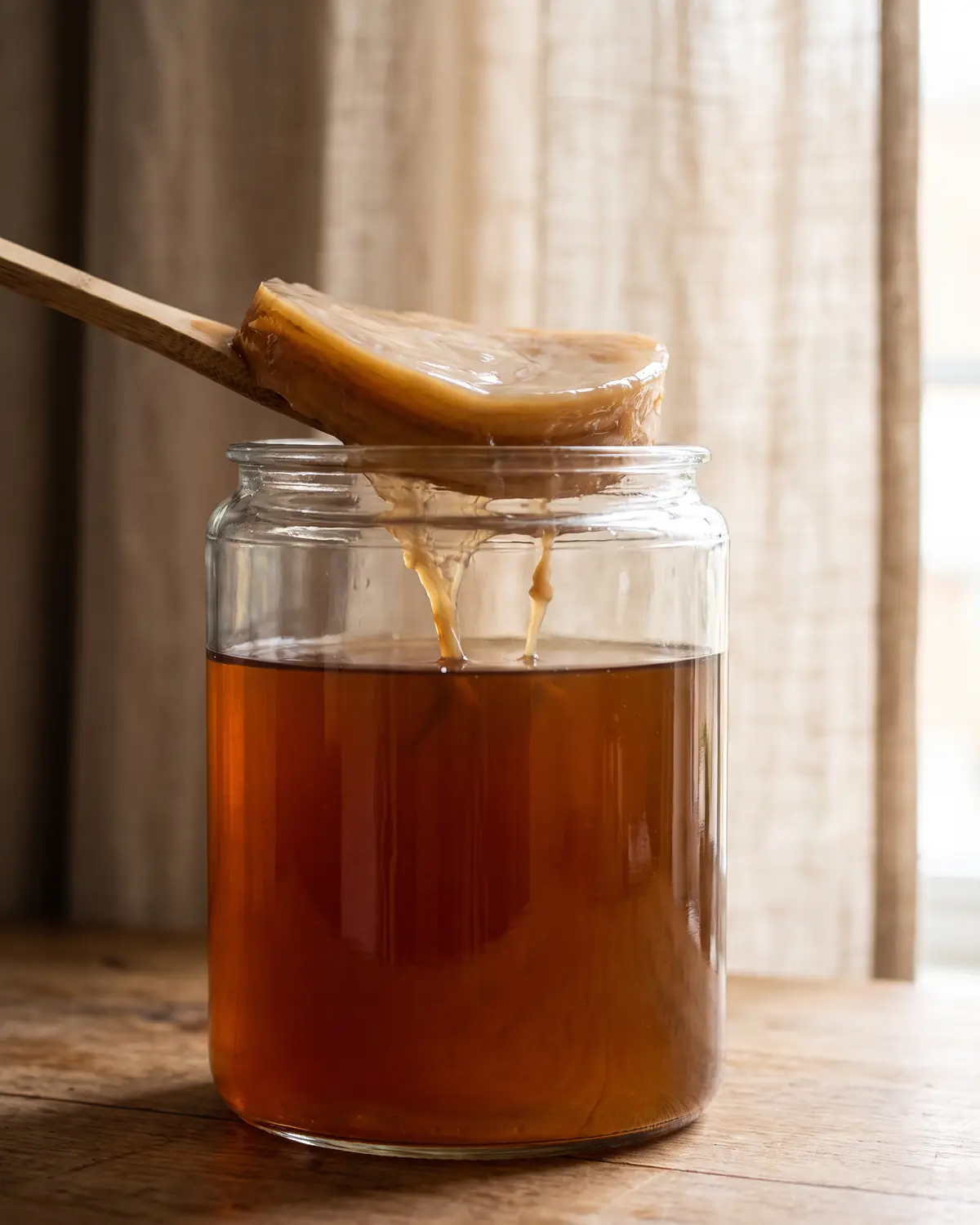 scoby hotel Ein klares Glas mit Kombucha, SCOBY und feinen Hefefäden steht vor einem weich verschwommenen Leinenvorhang.