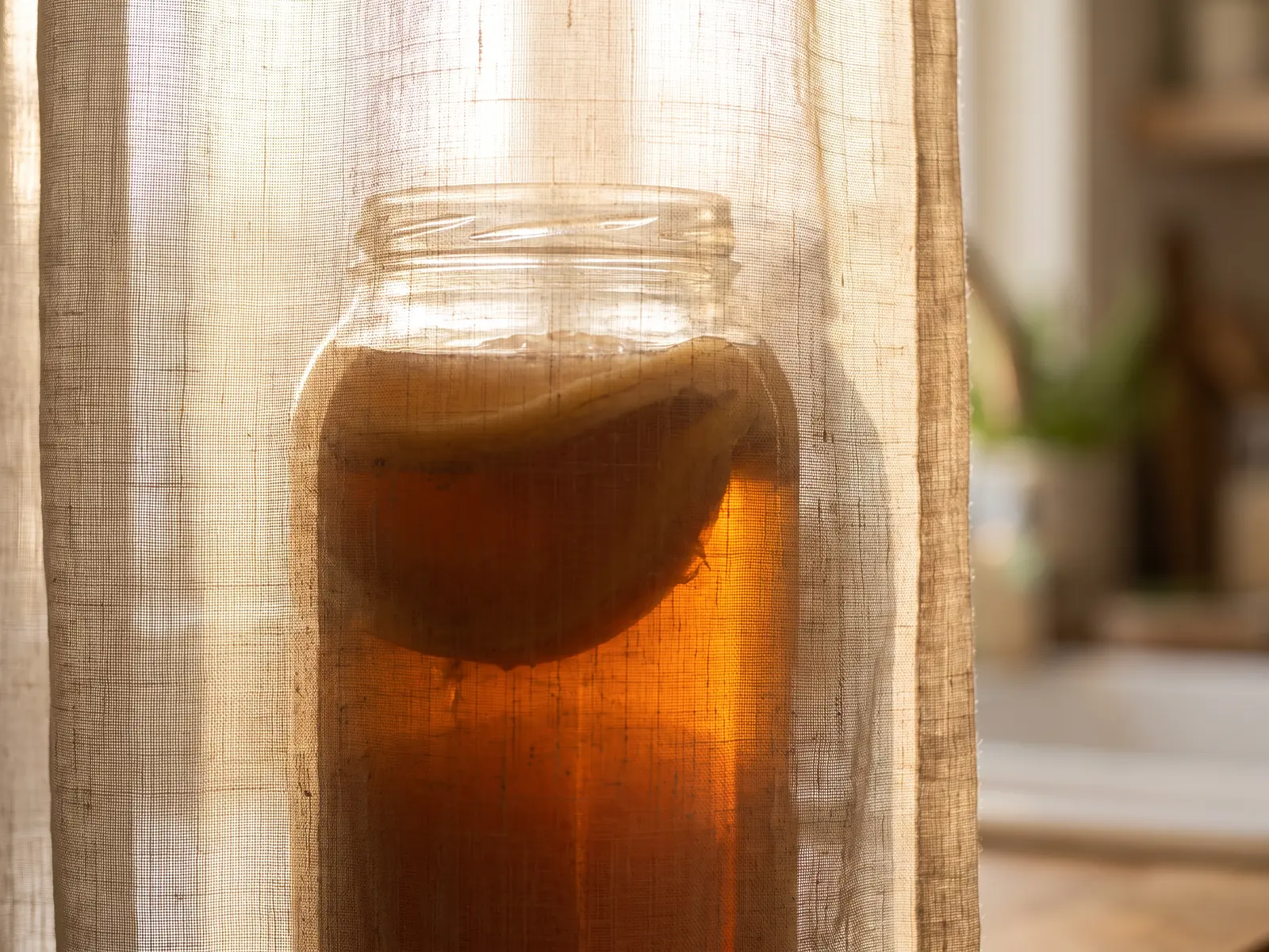 kombucha machen Ein Kombucha-Glas mit bernsteinfarbenem Tee und sichtbarem SCOBY steht hinter einem hellen Leinenvorhang.