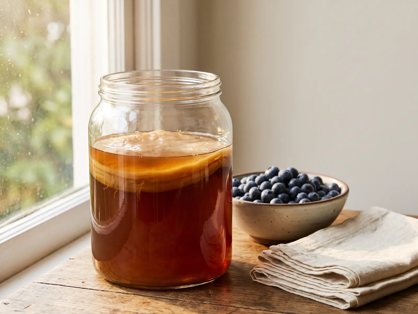 herstellung von kombucha Glas mit Kombucha-SCOBY am Morgenfenster, daneben Heidelbeeren und gestapelte helle Servietten.