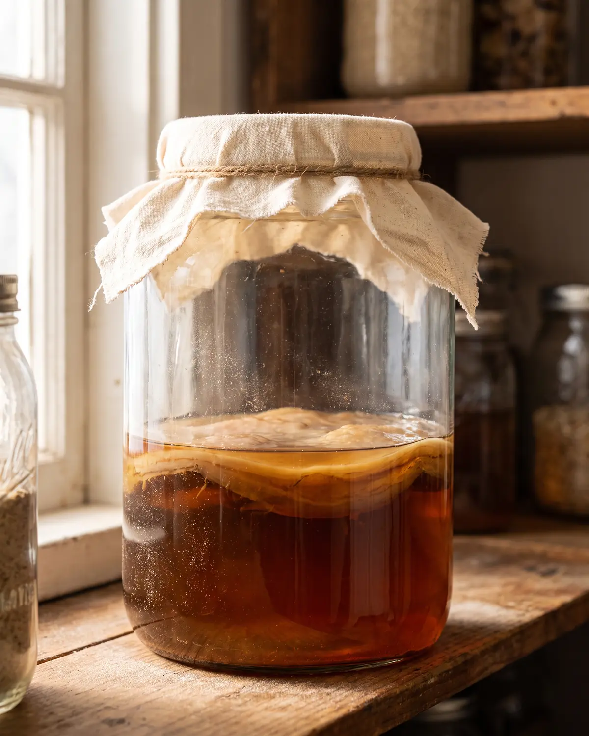 Detail eines Kombucha-Glases auf einer Repise mit cremefarbenem Tuch und dunklem SCOBY im Hintergrund.