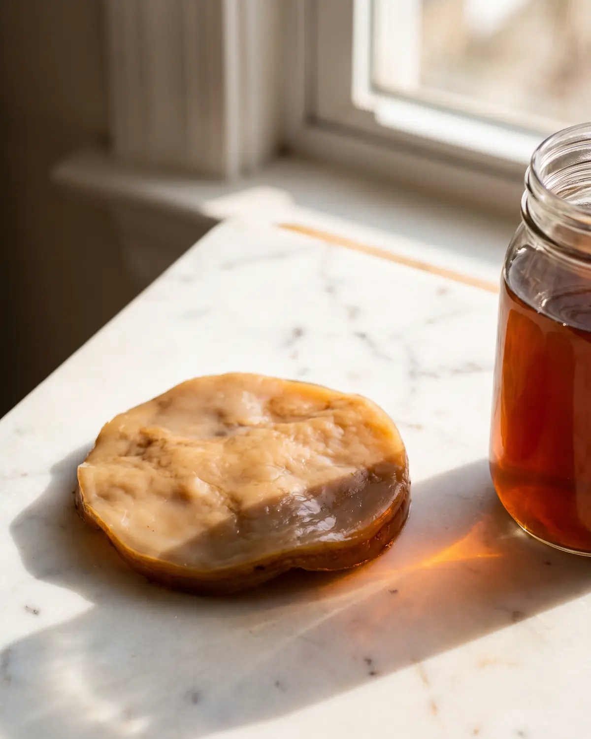 Unregelm&auml;&szlig;iger SCOBY im Glas wirft bernsteinfarbene Schatten auf matten wei&szlig;en Marmor