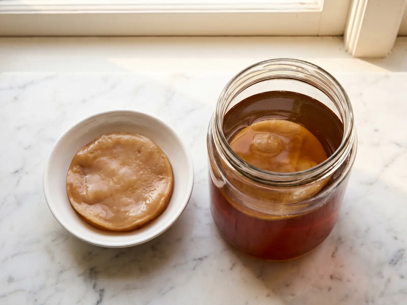 SCOBY in einer wei&szlig;en Schale neben bernsteinfarbenem Tee auf marmorierter Arbeitsfl&auml;che.