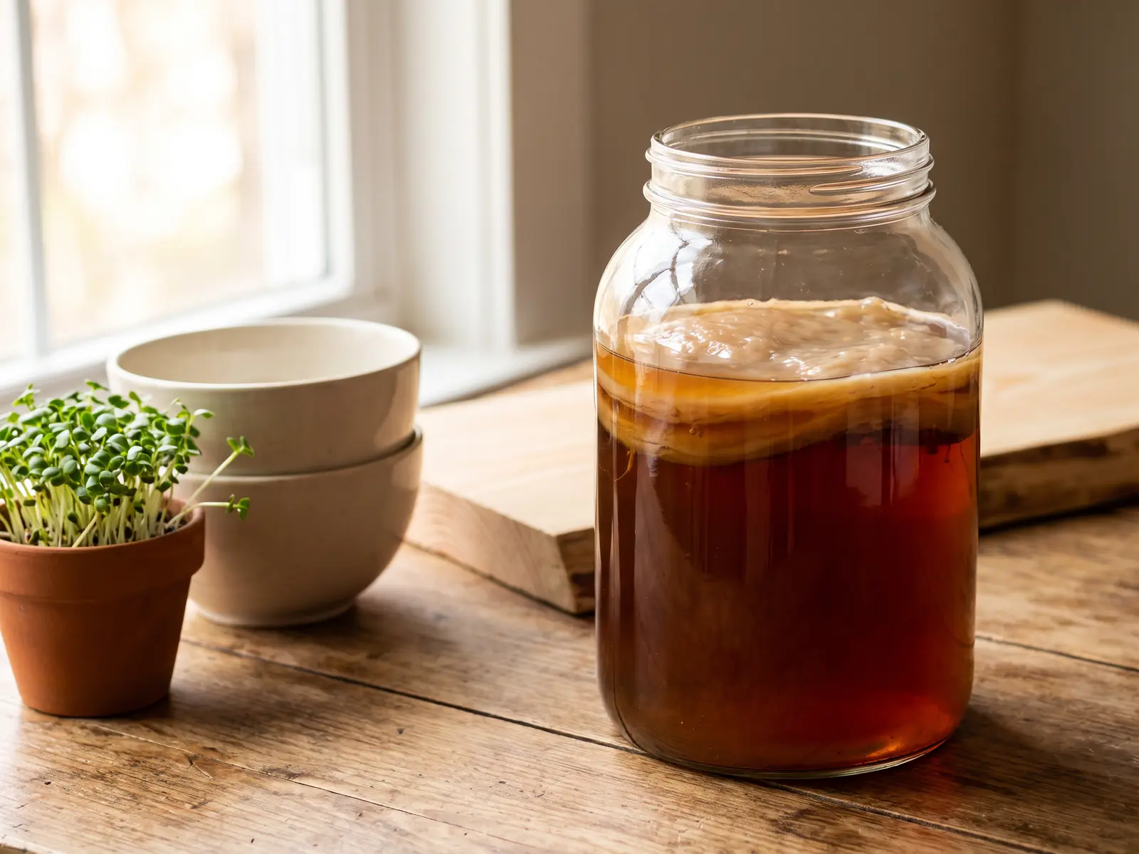 Glas mit Kombucha-SCOBY neben gr&uuml;nen Sprossen, hellen Schalen und Kiefernholz in ruhiger K&uuml;chenstimmung