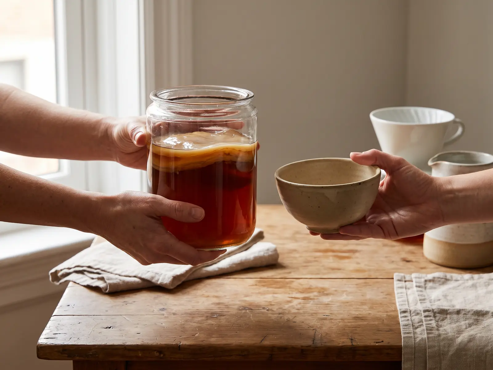 kombucha meme Zwei Hände übergeben einen Kombucha-Ansatz mit SCOBY und eine Schale in einer ruhigen Küchenszene.