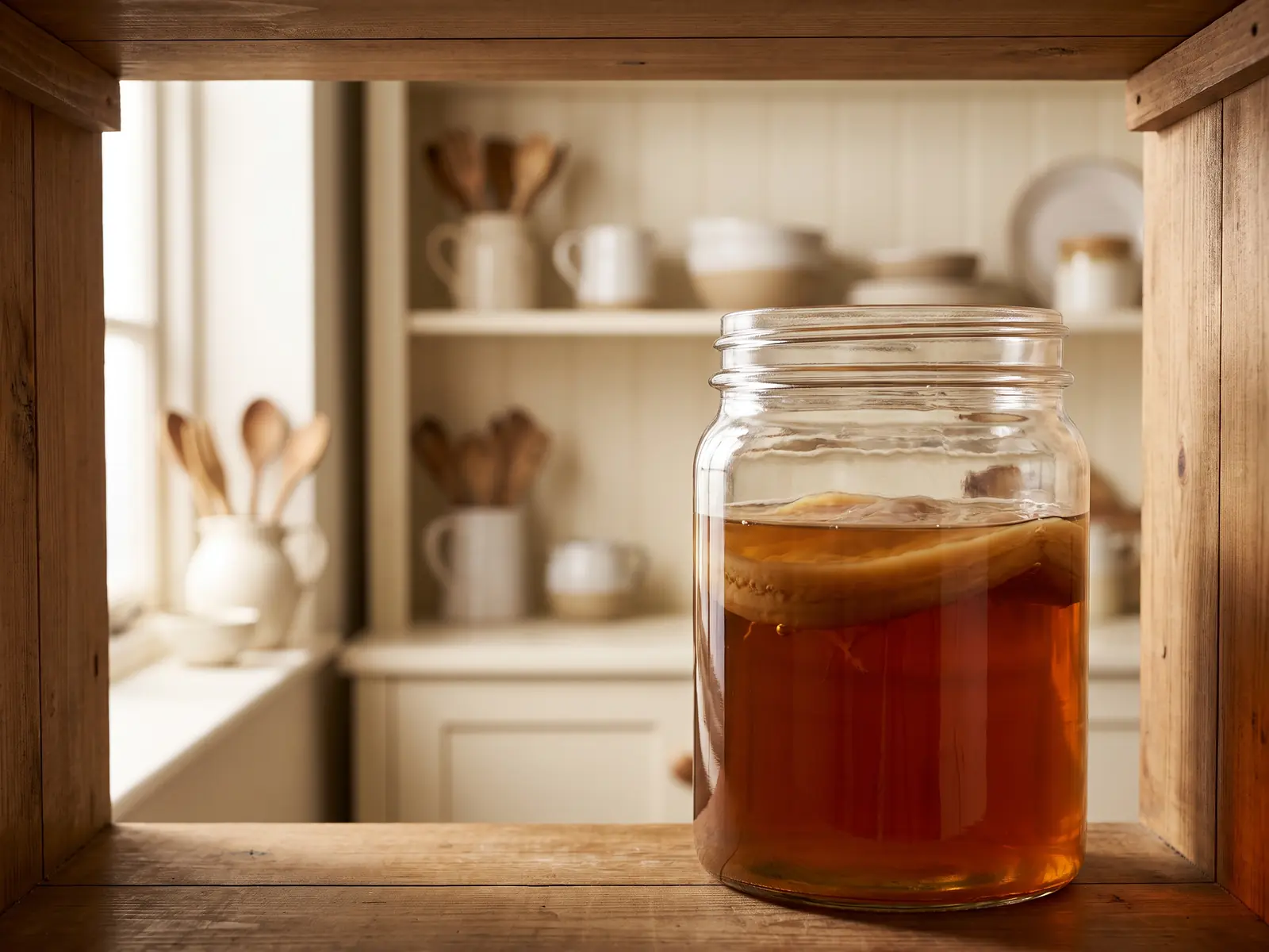 kombucha darm Ein Glas mit SCOBY steht in einer Alacena, dahinter ist eine helle Küche weich verschwommen zu sehen.