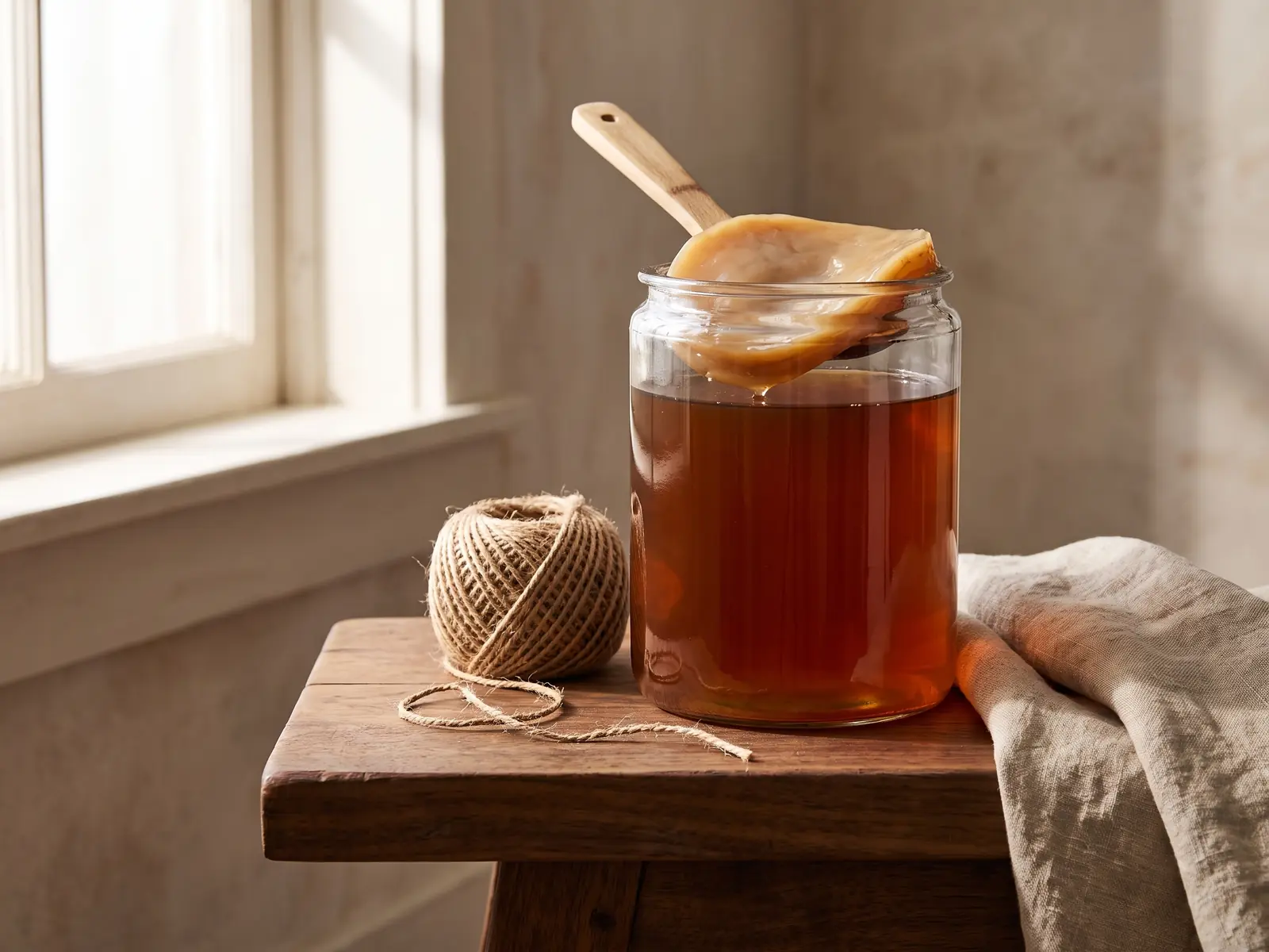kombucha durchfall Glas mit Kombucha auf einer Walnussbank neben Naturgarn und Leinen in ruhiger heller Szene.