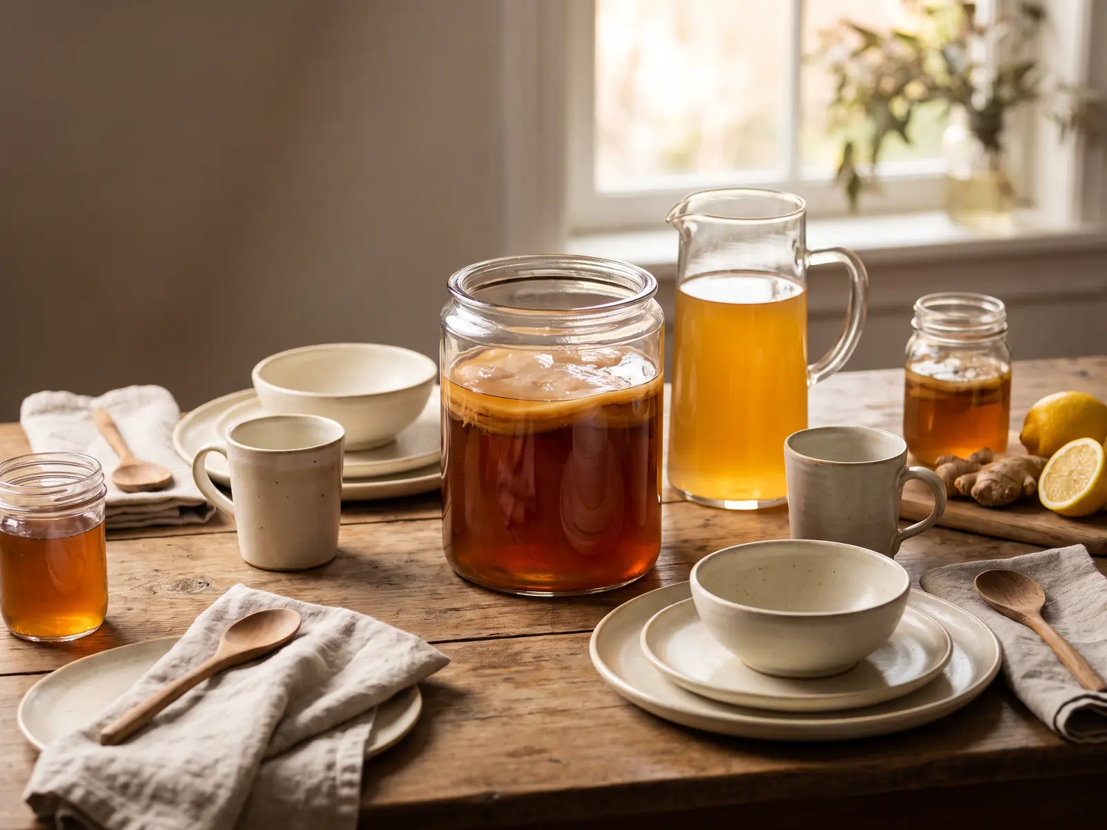 Gedeckter Tisch f&uuml;r zwei mit Glaskaraffe, Kombucha-Glas und SCOBY im Keramikambiente.