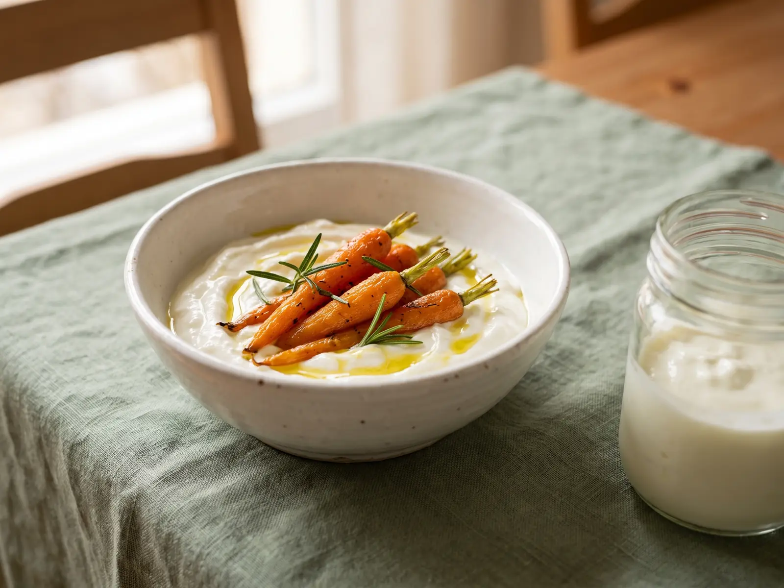 Leichtes Abendessen mit salzigem Joghurt, ger&ouml;steter M&ouml;hre und Rosmarin auf wei&szlig;er Keramik.