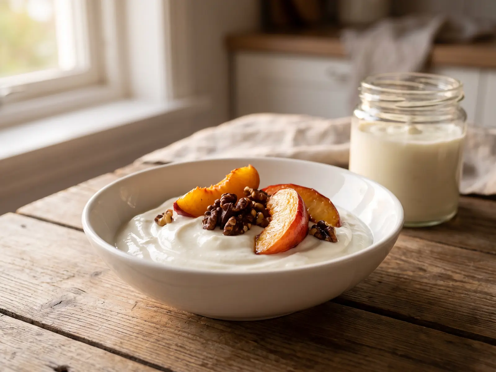 joghurt vs kefir Cremiger Joghurt mit gerösteter Nektarine in einer weißen Keramikschale auf dunklem Nussbaumholz.
