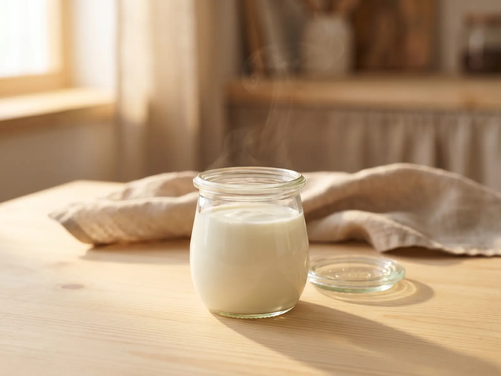 original griechischer joghurt wo kaufen Ein Glas mit frisch zubereitetem Joghurt, daneben der Deckel und ein leichter Dampf über der cremigen Oberfläche.