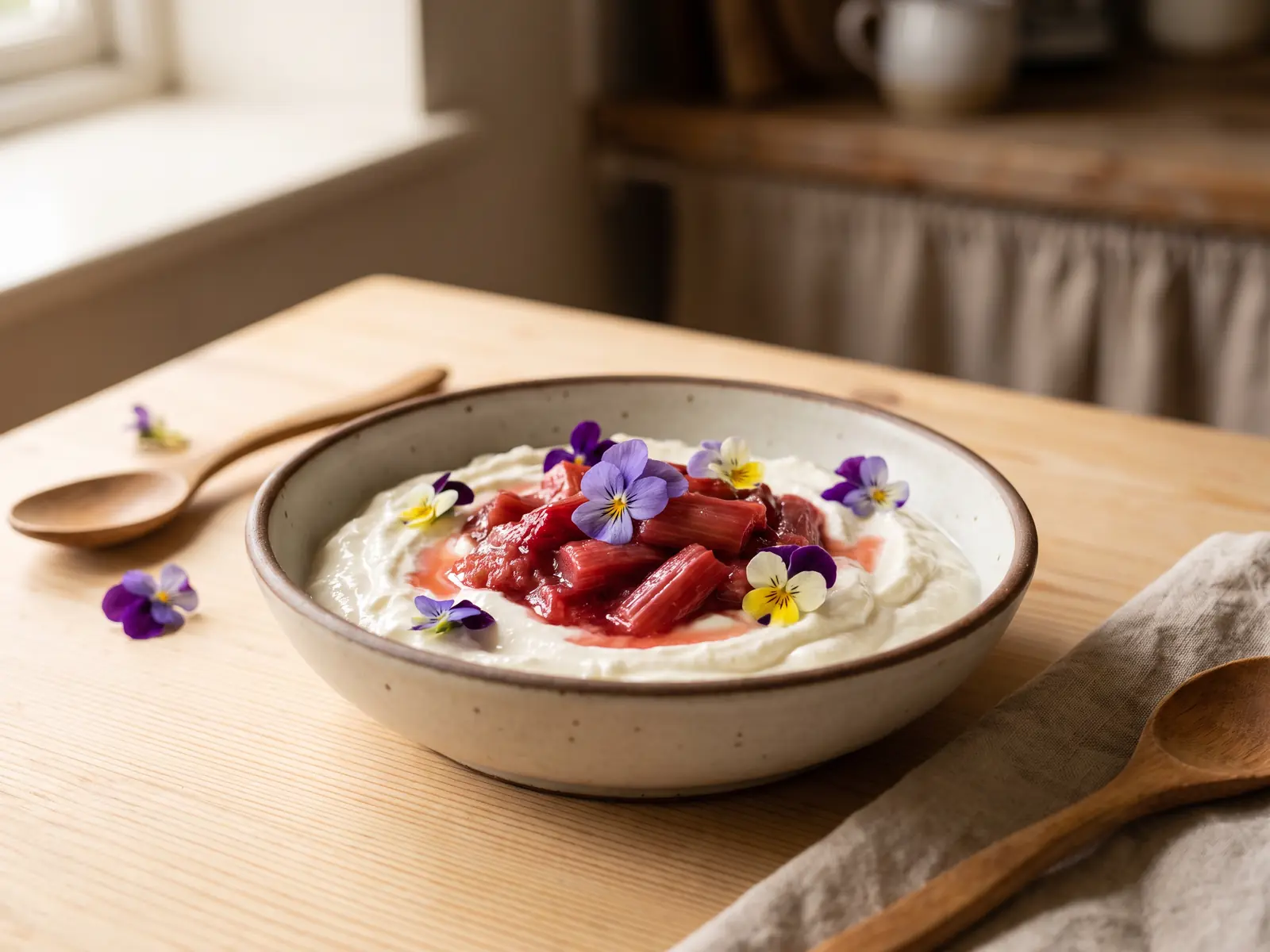 veganer joghurt mit lebenden kulturen Grüne Joghurtschale mit Rhabarber und frischen Blüten auf hellem Kiefernholz im Frühlingslicht