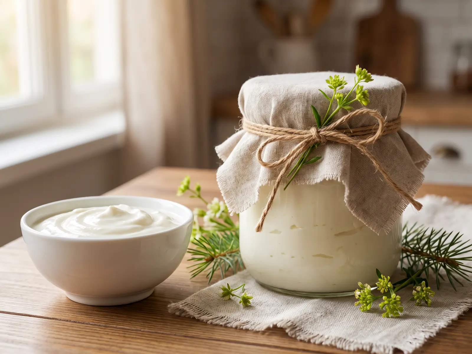 Geschenkglas mit Joghurt, in Leinen und Kordel verpackt, neben gr&uuml;nen Bl&uuml;ten auf hellem Kiefernholz.