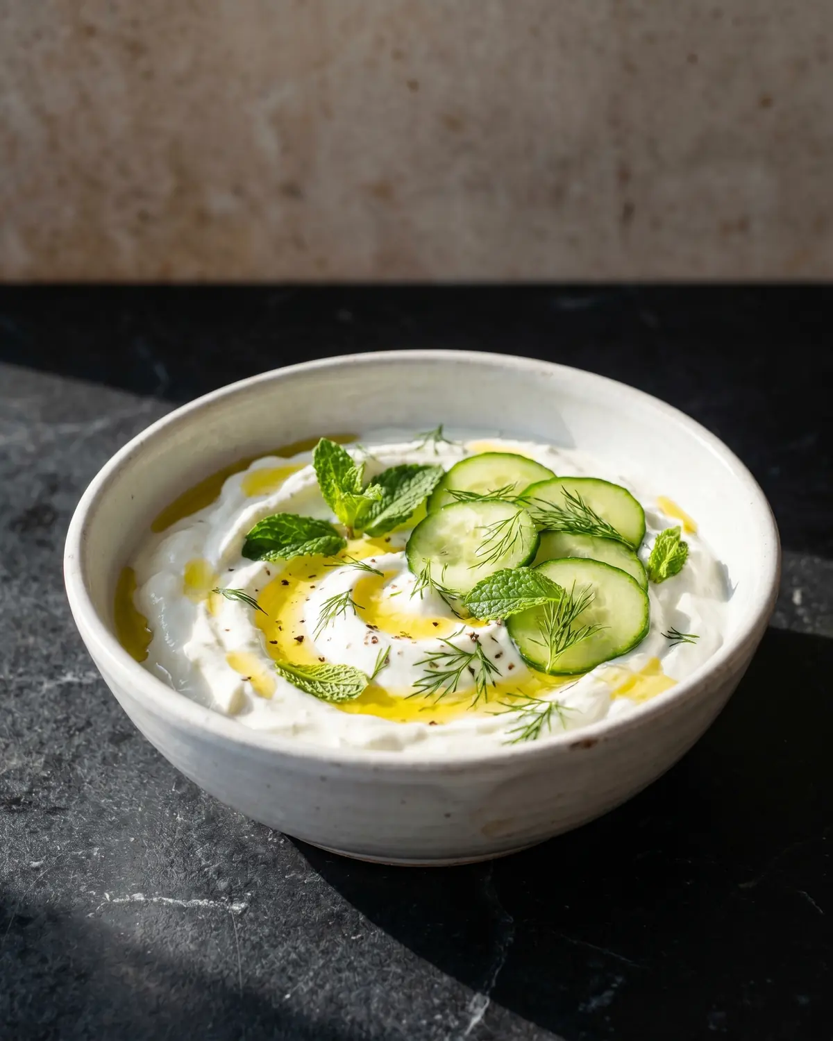 Herzhafter Joghurt mit Gurkenscheiben und Minze in einer wei&szlig;en Schale auf dunklem Marmor.