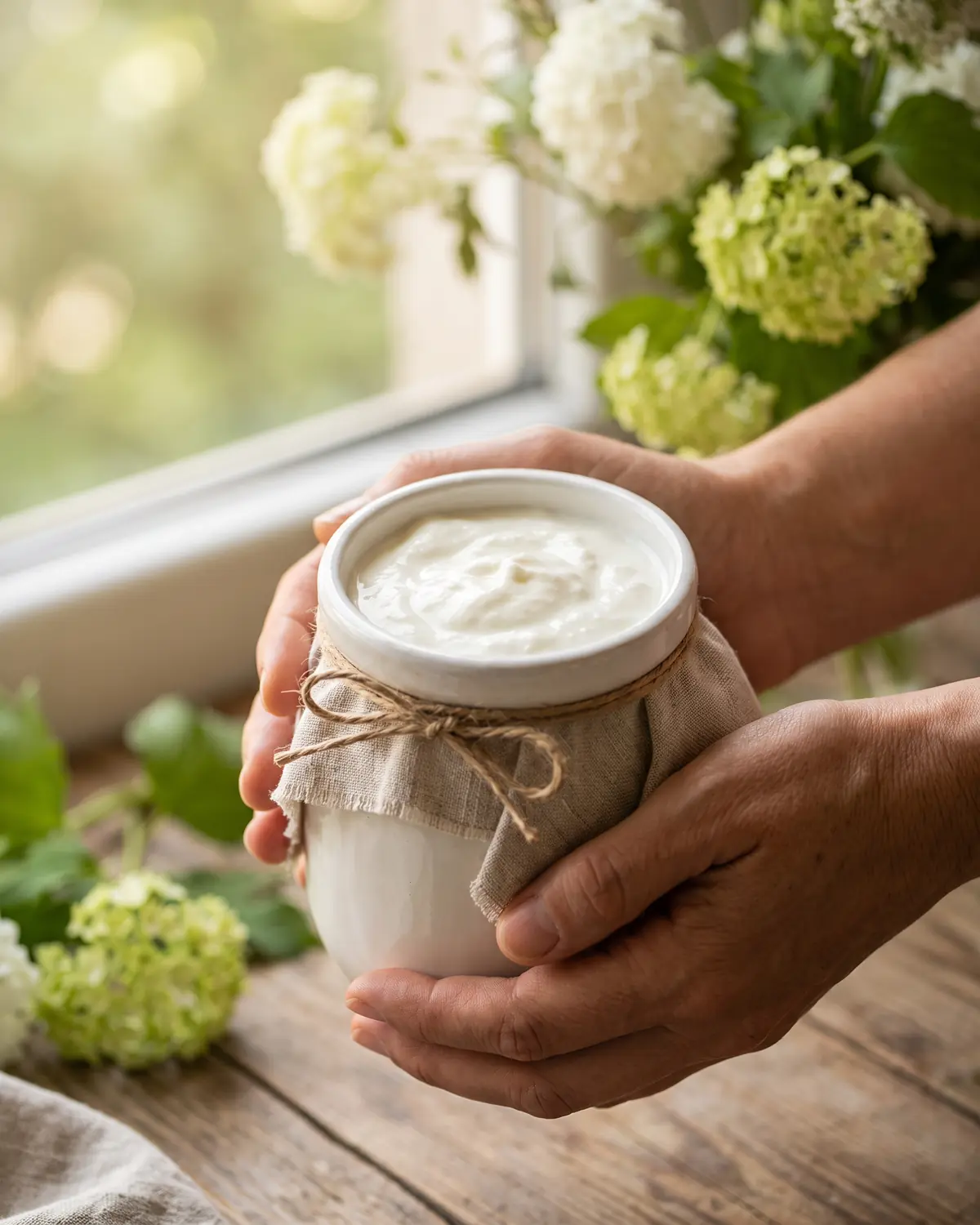 Zwei H&auml;nde halten ein Glas Joghurt mit Leinentuch, im Hintergrund sind gr&uuml;ne Blumen unscharf zu sehen.