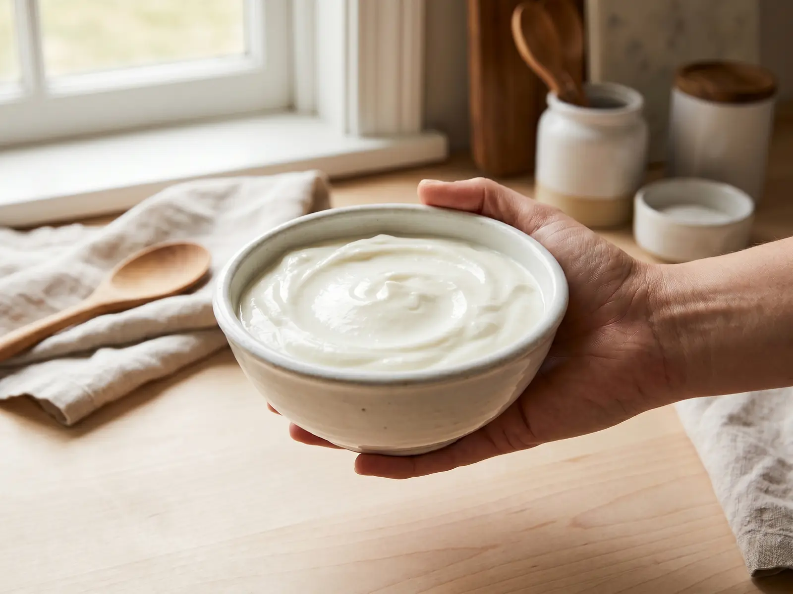 kefir statt joghurt Eine Hand hält eine weiße Schale mit cremigem Joghurt auf einem hellen Tisch in einer ruhigen Küche.