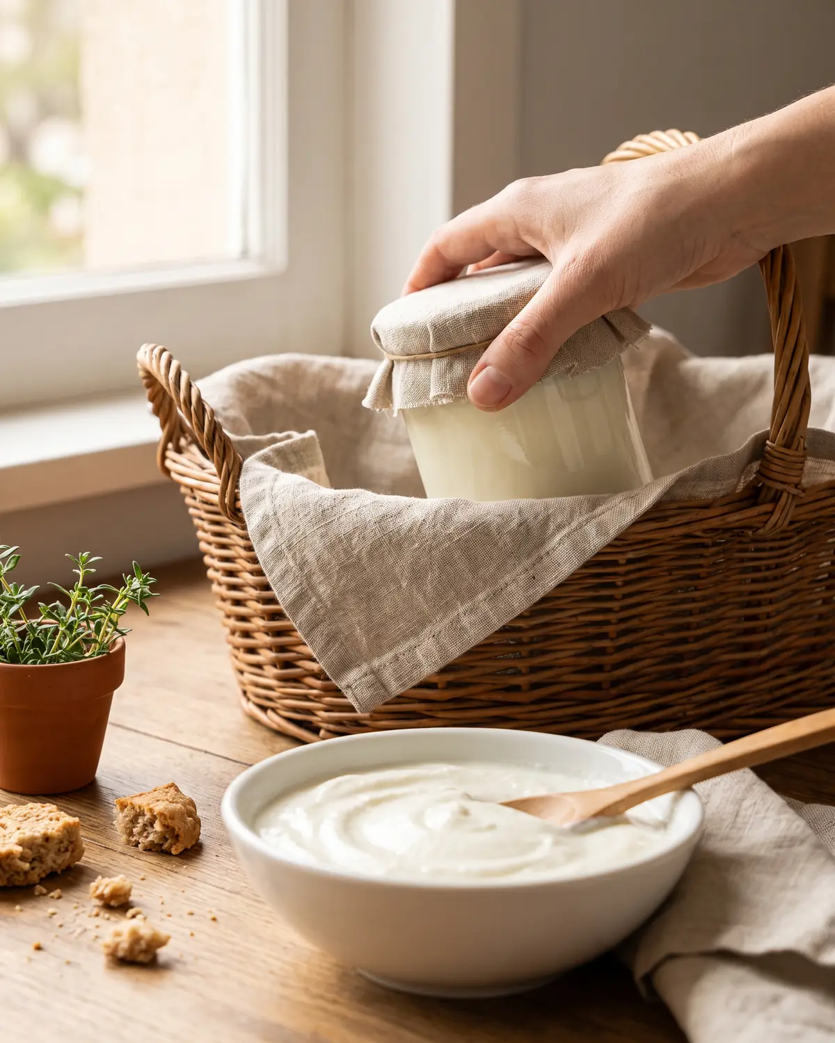 kefir vs skyr Eine Hand schiebt ein in Leinen gehülltes Glas mit Milchprodukt in einen Korb aus hellem Weidengeflecht.