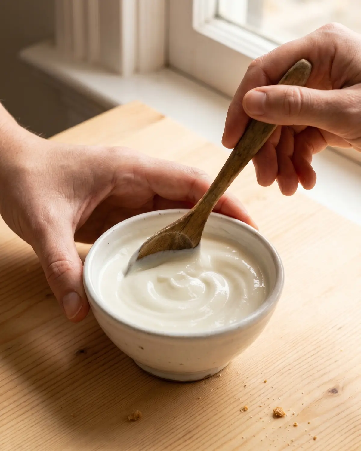 Eine Hand r&uuml;hrt cremigen Joghurt mit einem Holzl&ouml;ffel in einer Schale und erzeugt eine weiche Spirale.