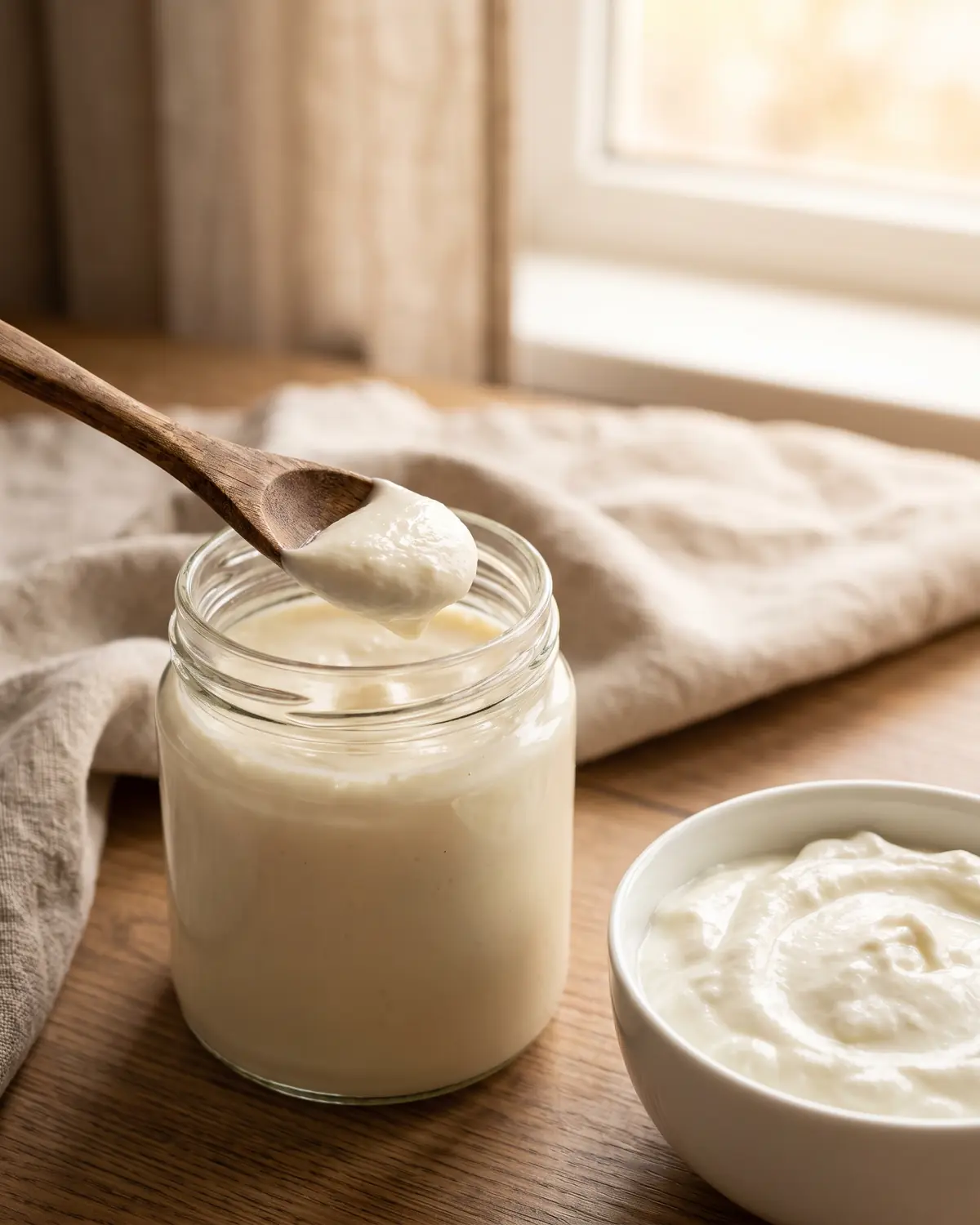 was sind joghurtkulturen Eine Holzlöffelportion Joghurt aus einem offenen Ansatzglas, vor unscharfem Leinenhintergrund.