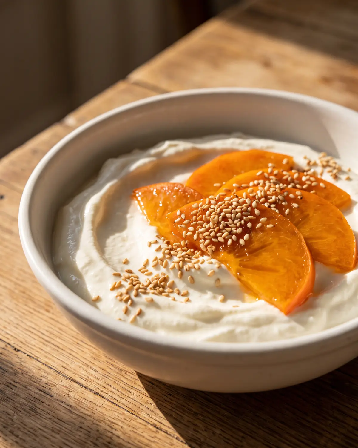 joghurt vs kefir Dicker Joghurt mit glänzender Kaki, geröstetem Sesam und weichem Fensterschatten im Nahbild.