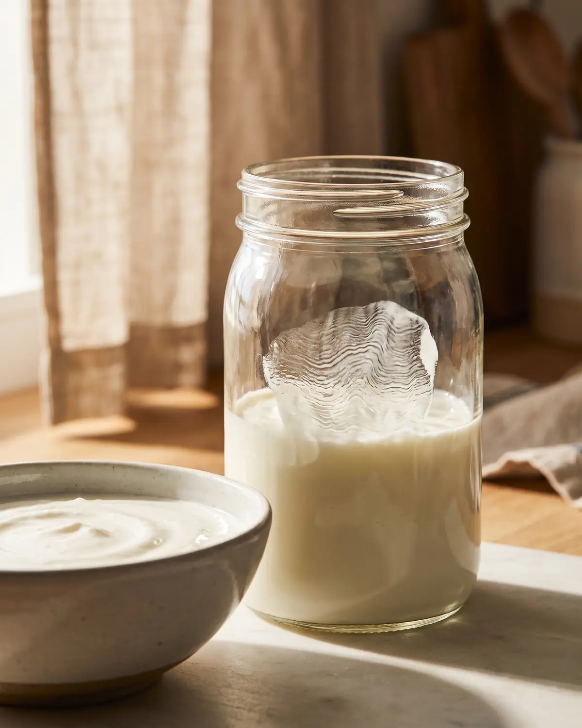 Nahaufnahme eines gef&uuml;llten Joghurtglases mit welligem Leinenschatten und wei&szlig;em Joghurt im Hintergrund.