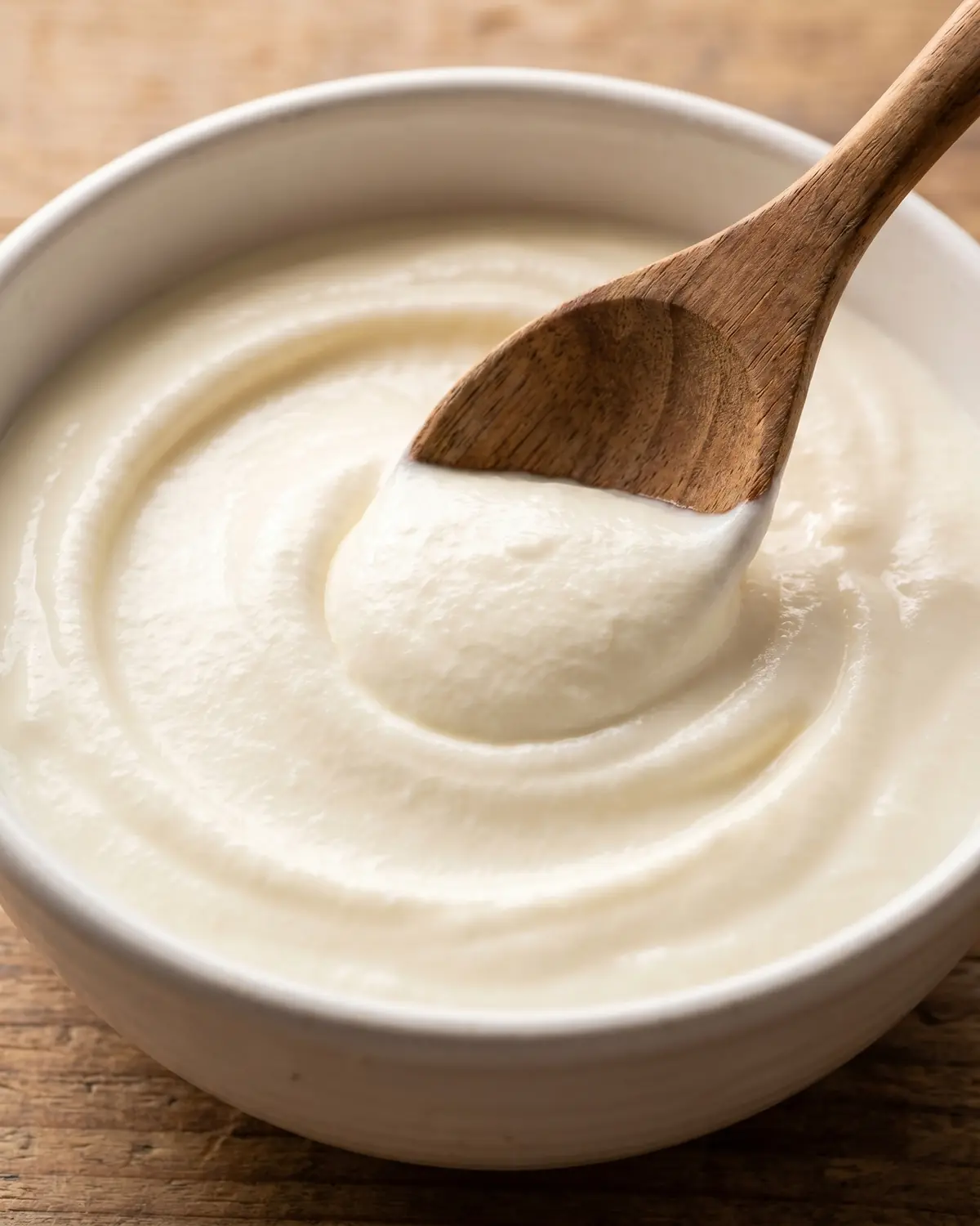 Eine Holzkelle zieht einen Kreis durch dichten Joghurt in wei&szlig;er Keramik und zeigt seine cremige Textur.